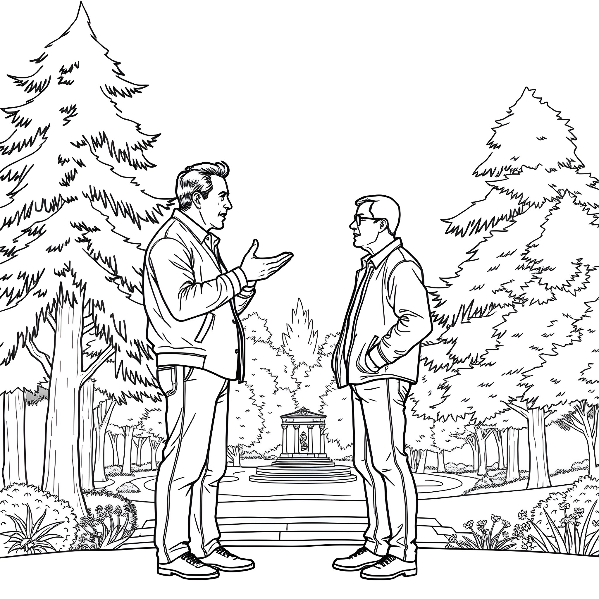 Man having a conversation in the park Coloring Page (free black-and-white line drawing printable PDF for all, from beginners to advanced learners, including children, teens, adults, and seniors)