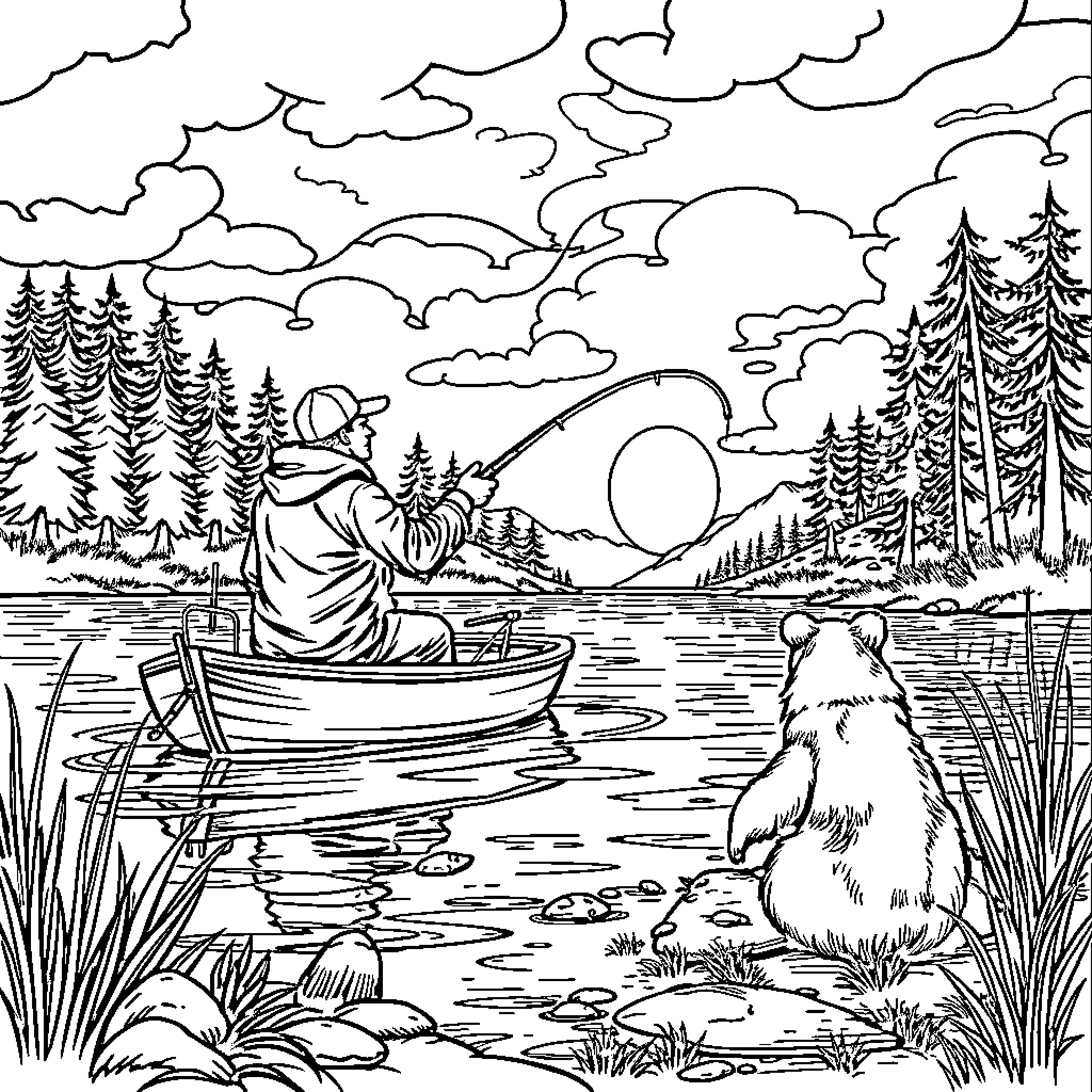 Bass fishing in the serene lake with nature Coloring Page (free black-and-white line drawing printable PDF for all, from beginners to advanced learners, including children, teens, adults, and seniors)