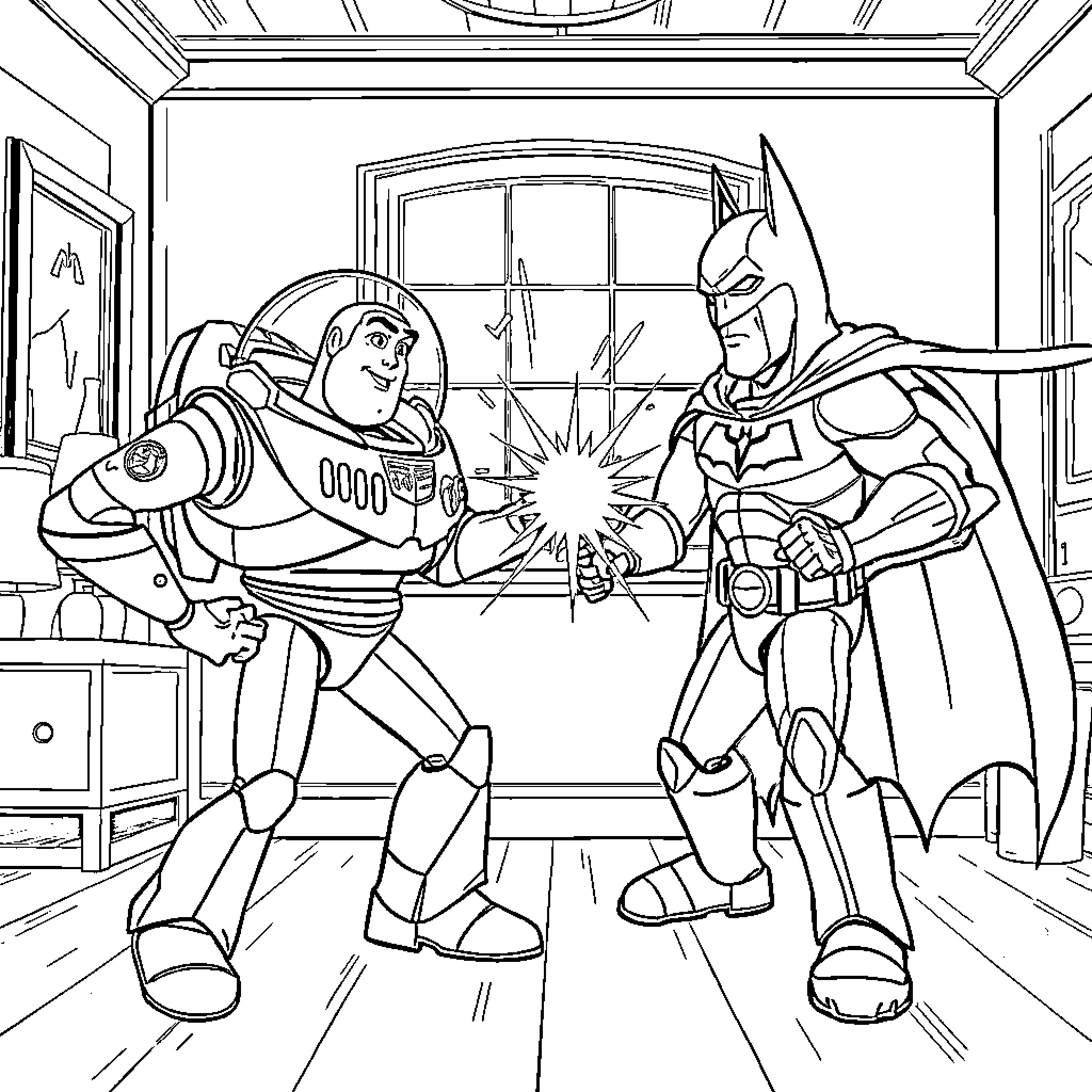 Buzz Lightyear and Batman Teaming Up for Adventure Coloring Page (free black-and-white line drawing printable PDF for all, from beginners to advanced learners, including children, teens, adults, and seniors)