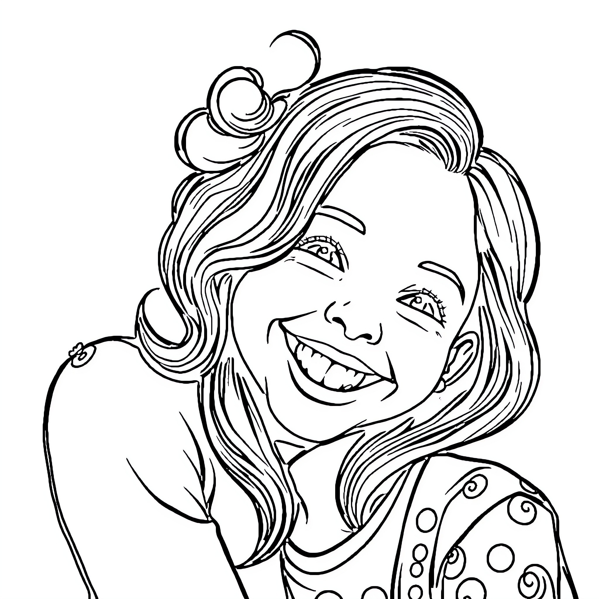 Sis Laughing Joyfully with Swirly Hair Coloring Page (free black-and-white line drawing printable PDF for all, from beginners to advanced learners, including children, teens, adults, and seniors)