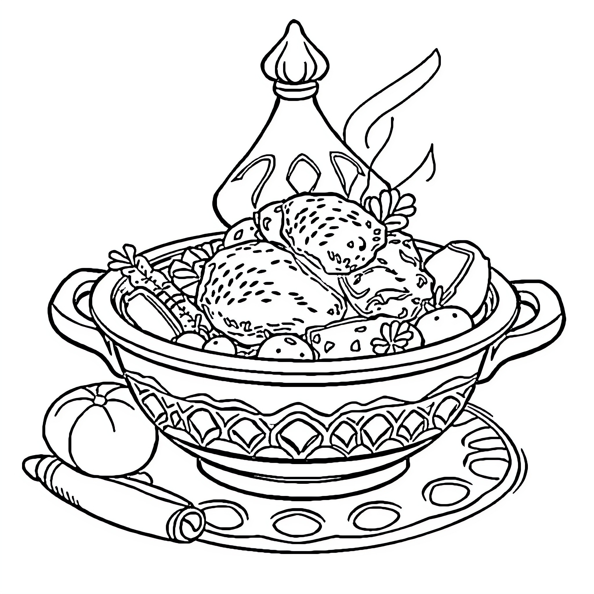Tagine with Exotic Ingredients and Aromatic Spices Coloring Page (free black-and-white line drawing printable PDF for all, from beginners to advanced learners, including children, teens, adults, and seniors)