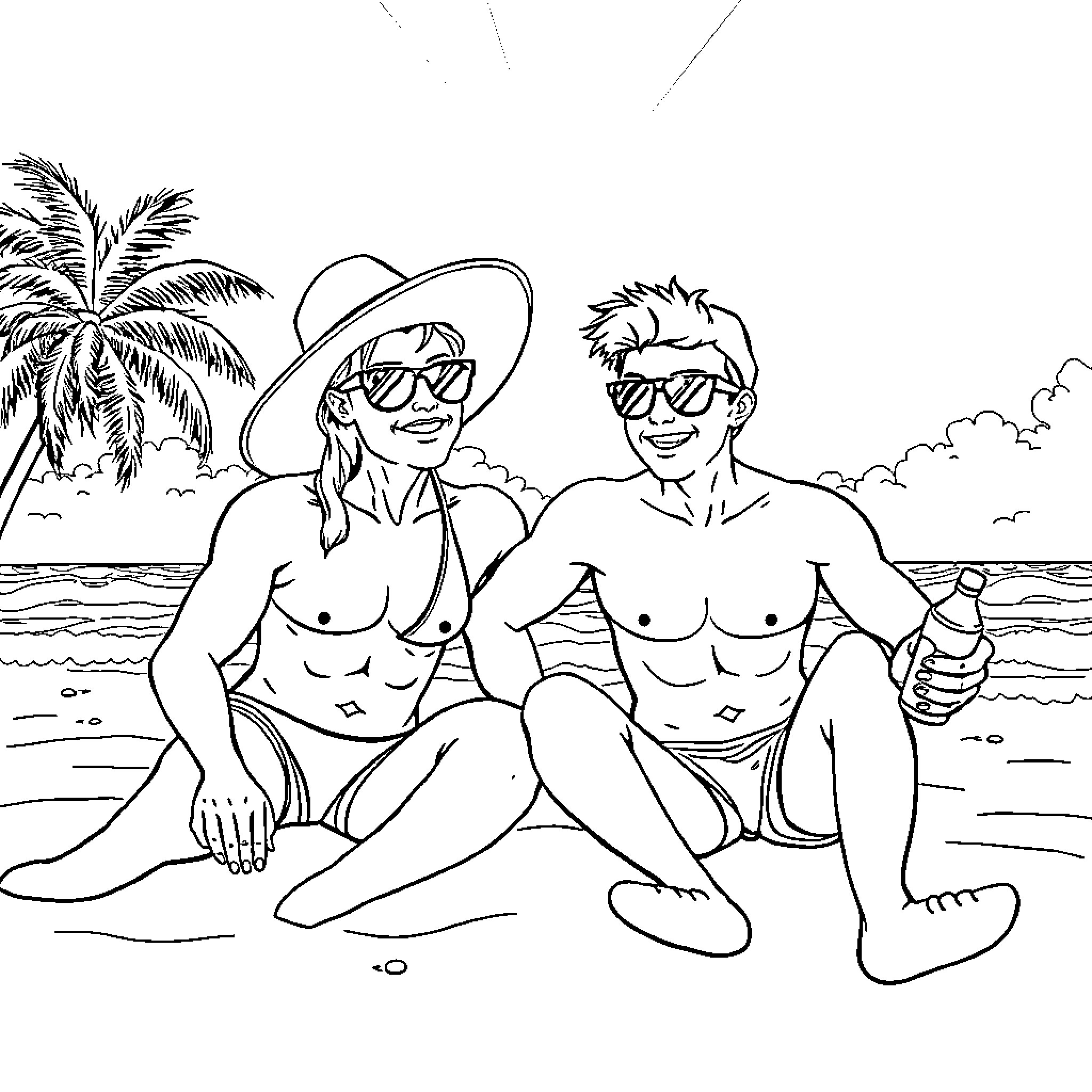 Avengers Enjoying a Tropical Beach Vacation Coloring Page (free black-and-white line drawing printable PDF for all, from beginners to advanced learners, including children, teens, adults, and seniors)