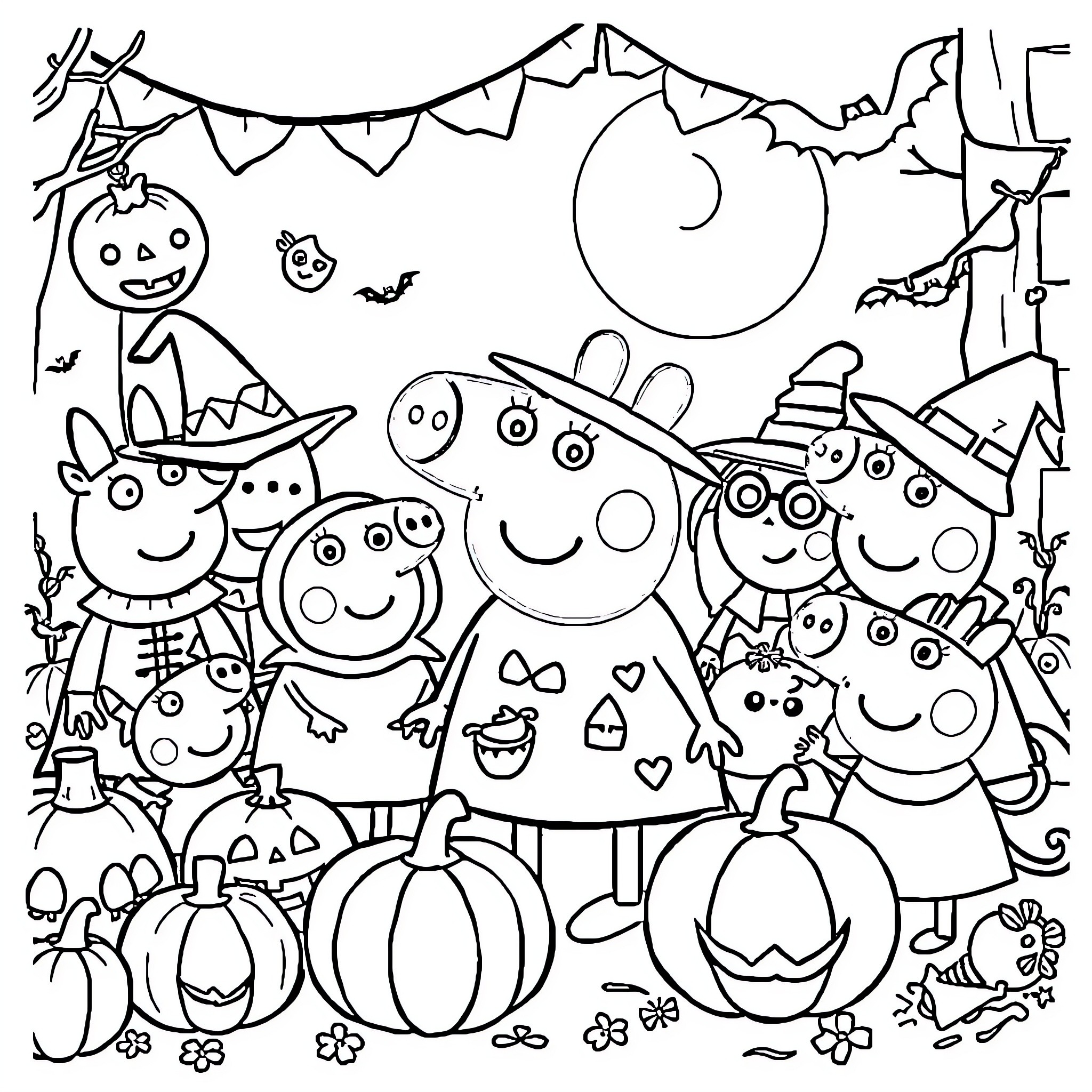 Peppa Pig and friends celebrate Halloween together Coloring Page (free black-and-white line drawing printable PDF for all, from beginners to advanced learners, including children, teens, adults, and seniors)