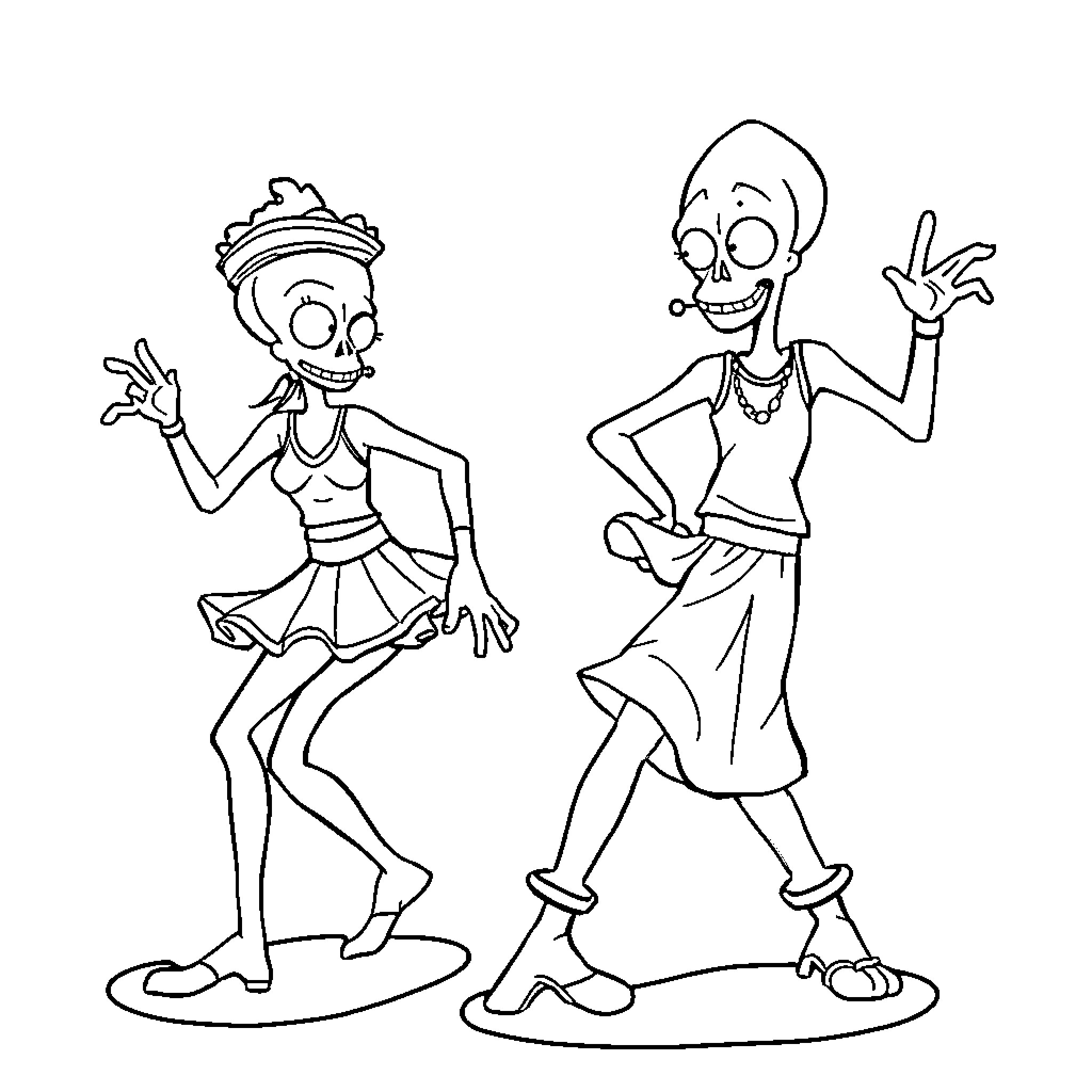 Squid Game Characters in Whimsical Attire Coloring Page (free black-and-white line drawing printable PDF for all, from beginners to advanced learners, including children, teens, adults, and seniors)