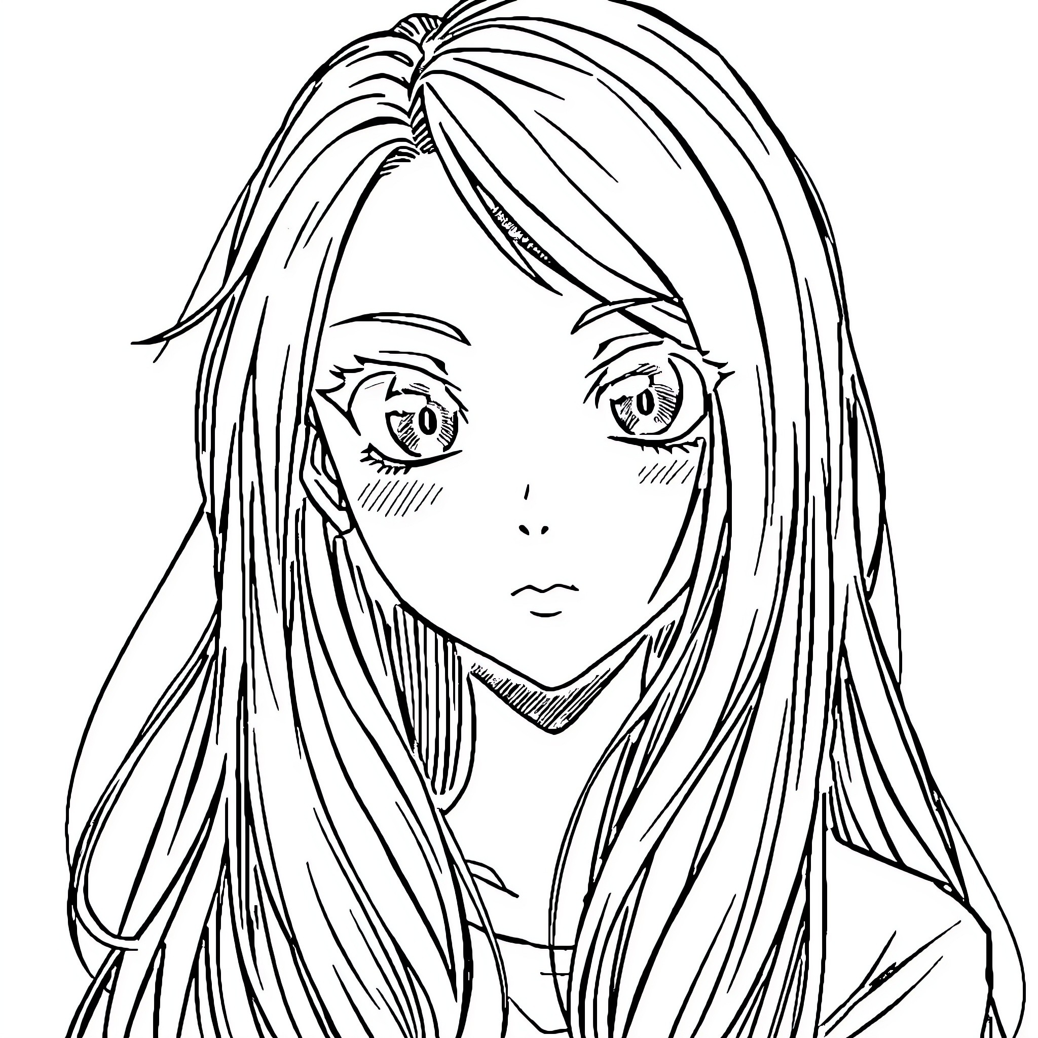 Manga Girl with Expressive Eyes and Long Hair Coloring Page (free black-and-white line drawing printable PDF for all, from beginners to advanced learners, including children, teens, adults, and seniors)