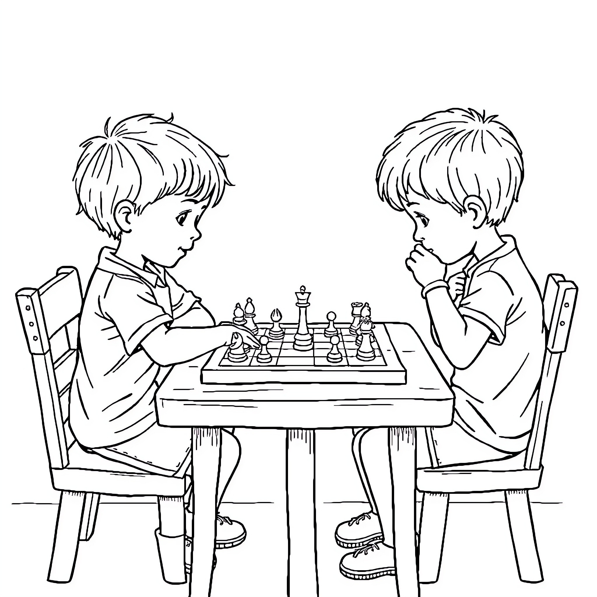 Child playing chess with another child Coloring Page (free black-and-white line drawing printable PDF for all, from beginners to advanced learners, including children, teens, adults, and seniors)