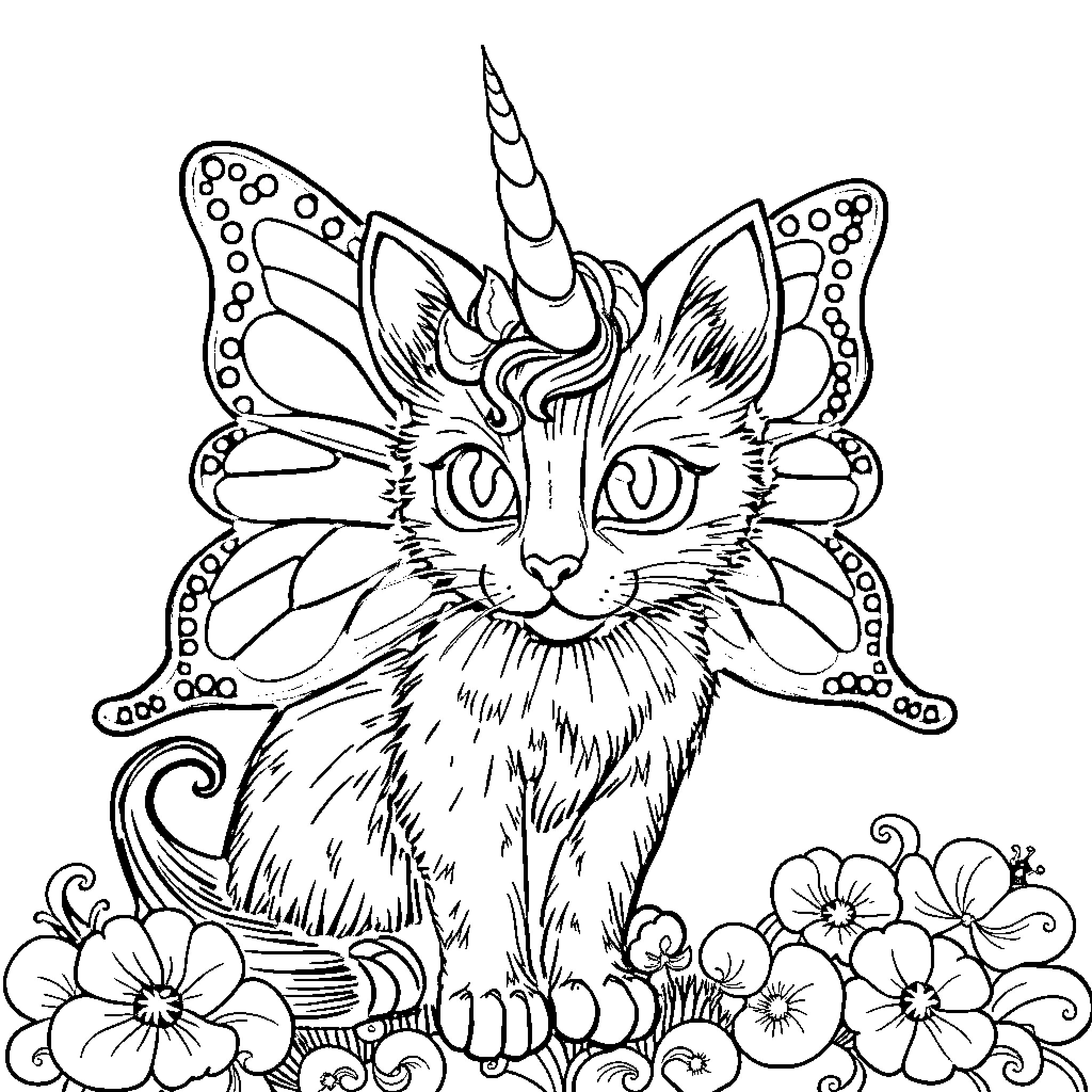 Butterfly Cat Unicorn among magical flowers Coloring Page (free black-and-white line drawing printable PDF for all, from beginners to advanced learners, including children, teens, adults, and seniors)