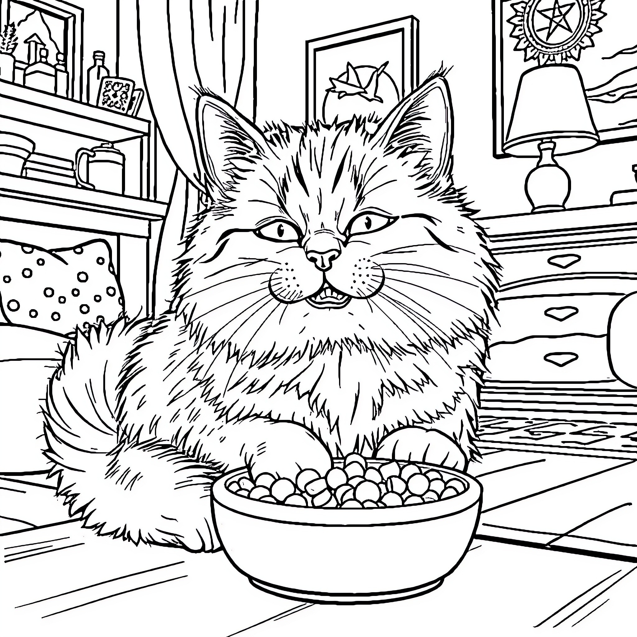 Cat enjoying a snack in a cozy home Coloring Page (free black-and-white line drawing printable PDF for all, from beginners to advanced learners, including children, teens, adults, and seniors)