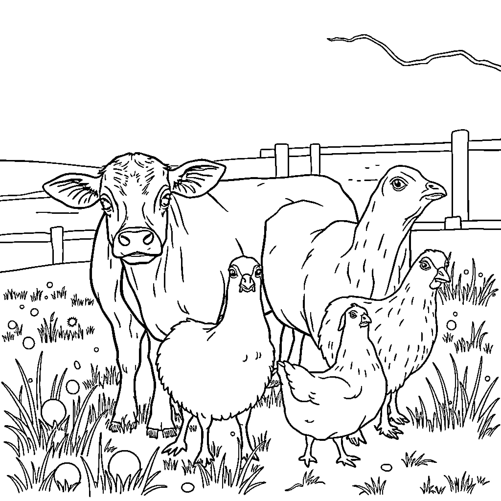 Farm Animal Scene with Cow and Chickens Coloring Page (free black-and-white line drawing printable PDF for all, from beginners to advanced learners, including children, teens, adults, and seniors)