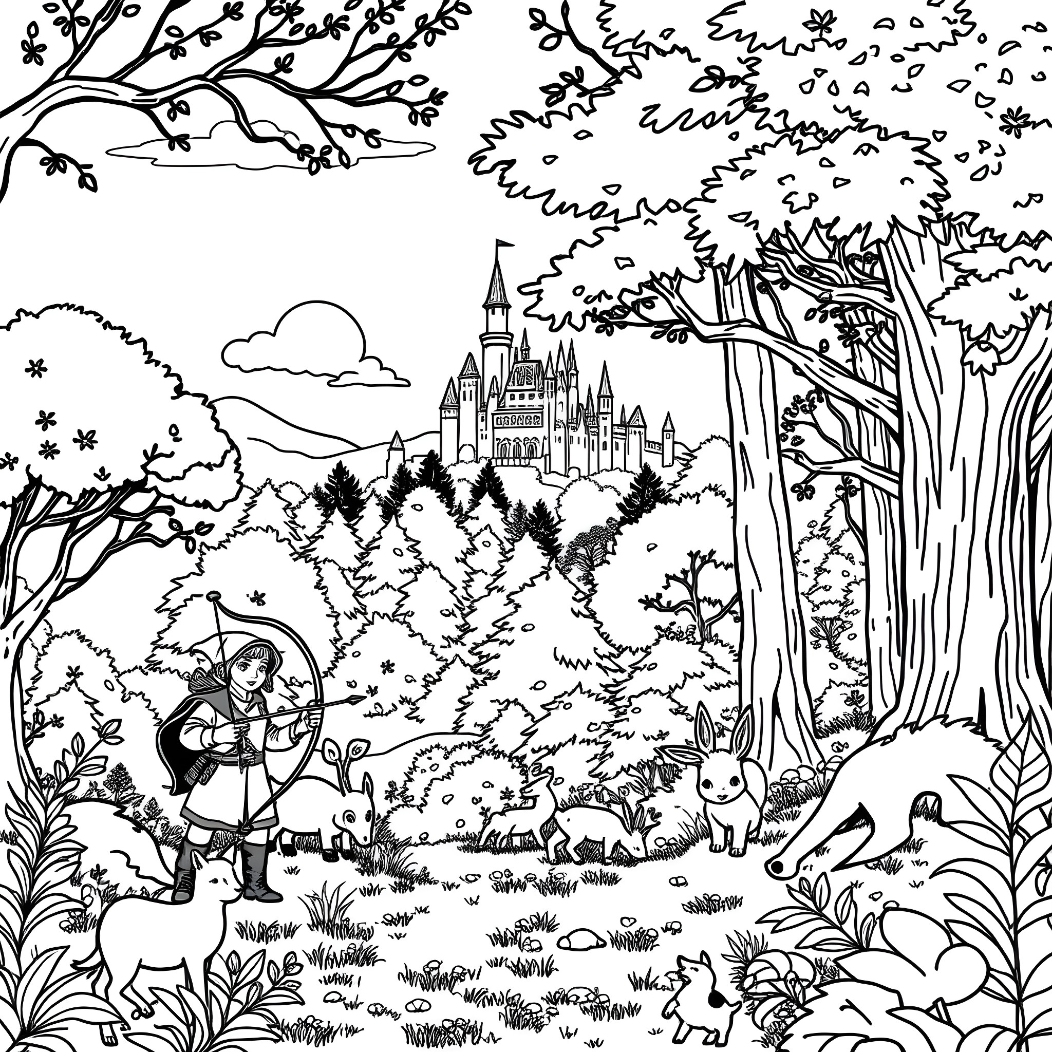 Robin Hood in the Enchanted Forest with a Castle Coloring Page (free black-and-white line drawing printable PDF for all, from beginners to advanced learners, including children, teens, adults, and seniors)