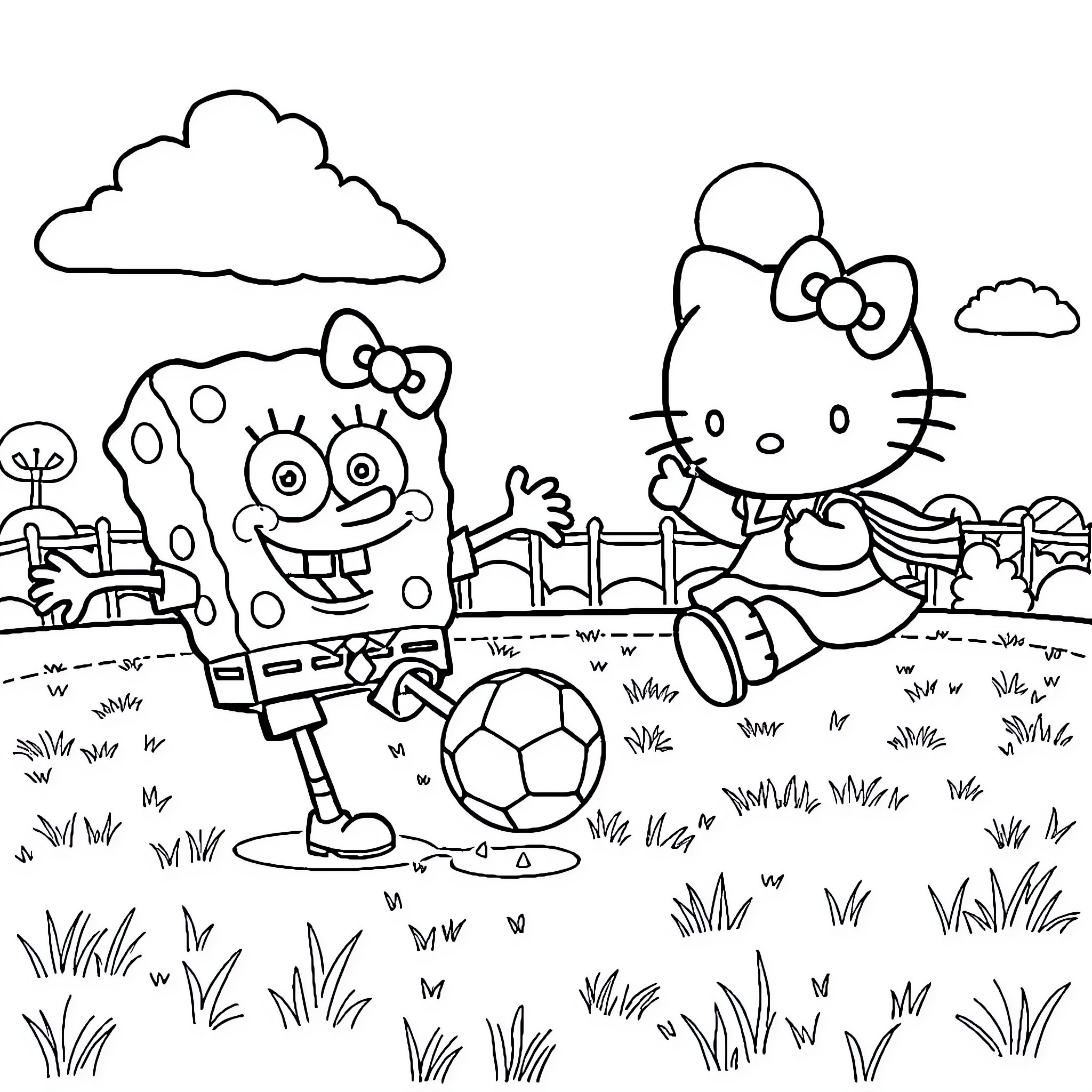 Spongebob and Hello Kitty play soccer in a grassy field Coloring Page (free black-and-white line drawing printable PDF for all, from beginners to advanced learners, including children, teens, adults, and seniors)
