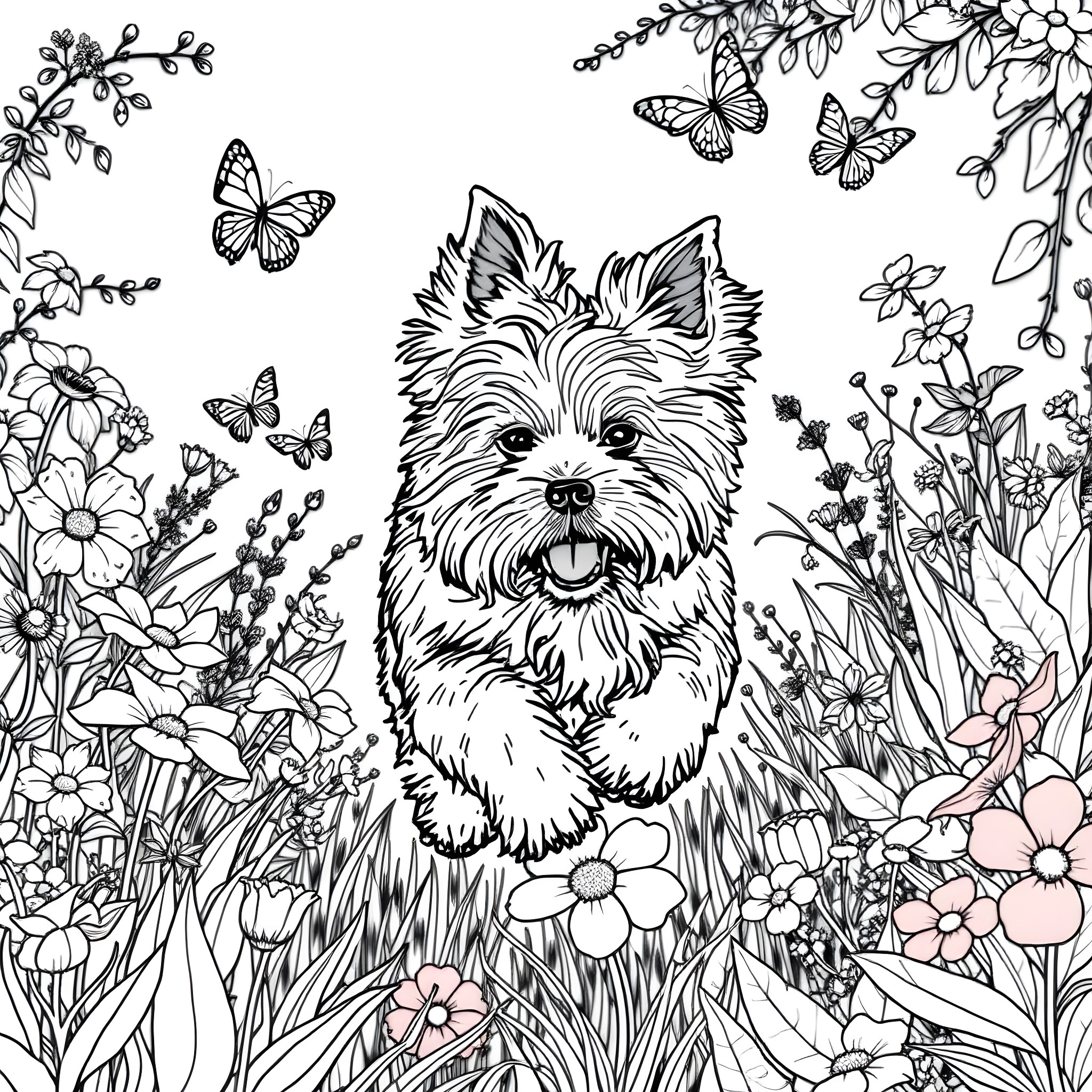 Tibetan Terrier exploring a floral garden Coloring Page (free black-and-white line drawing printable PDF for all, from beginners to advanced learners, including children, teens, adults, and seniors)