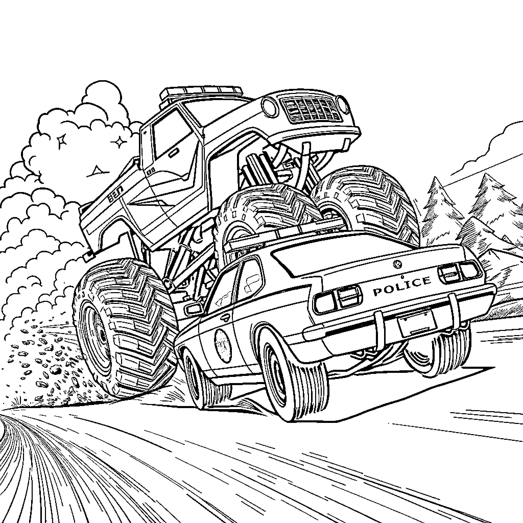 Police Car Monster Trucks on Rugged Terrain Coloring Page (free black-and-white line drawing printable PDF for all, from beginners to advanced learners, including children, teens, adults, and seniors)