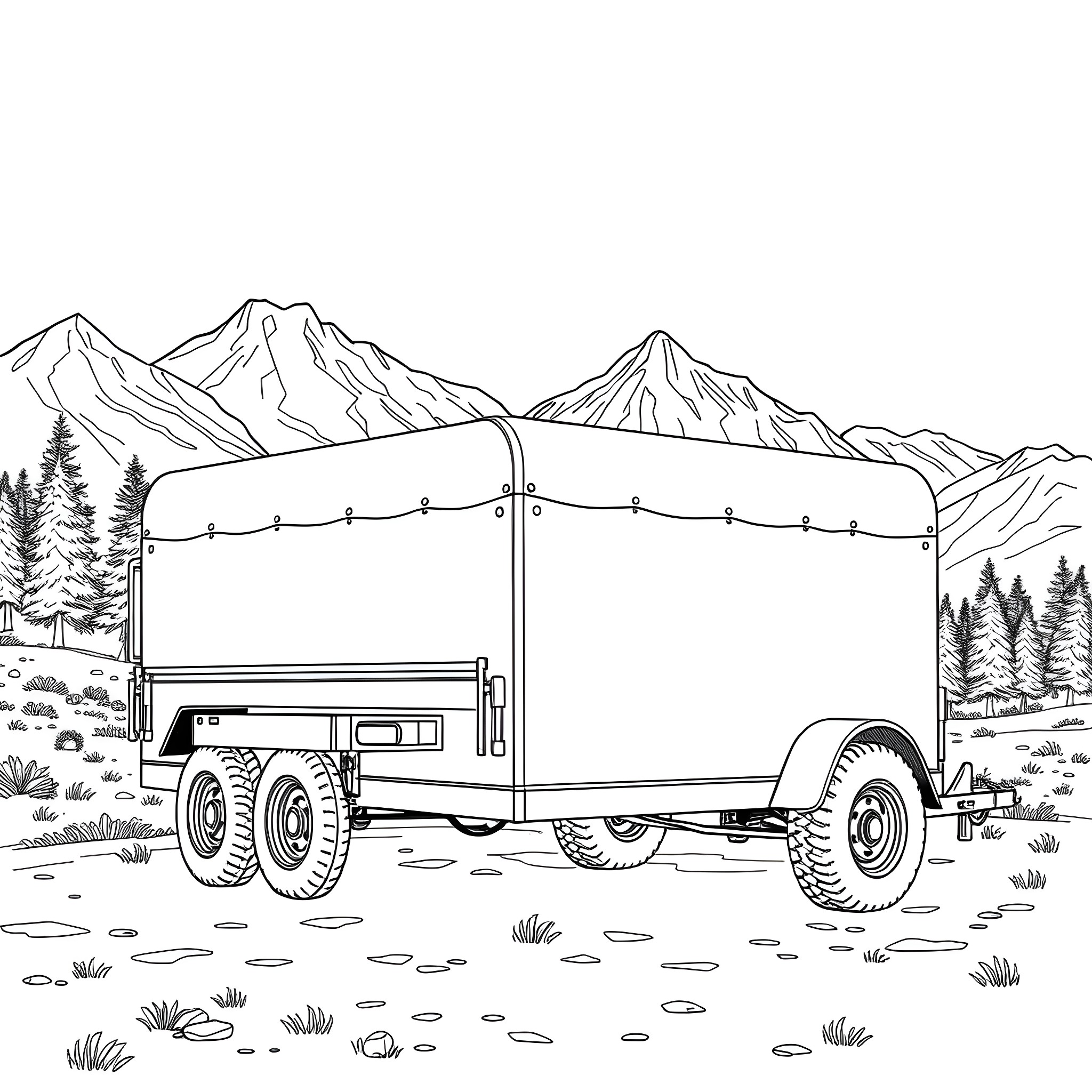 Car Trailer Carrying Supplies Through Rugged Mountainous Terrain Coloring Page (free black-and-white line drawing printable PDF for all, from beginners to advanced learners, including children, teens, adults, and seniors)