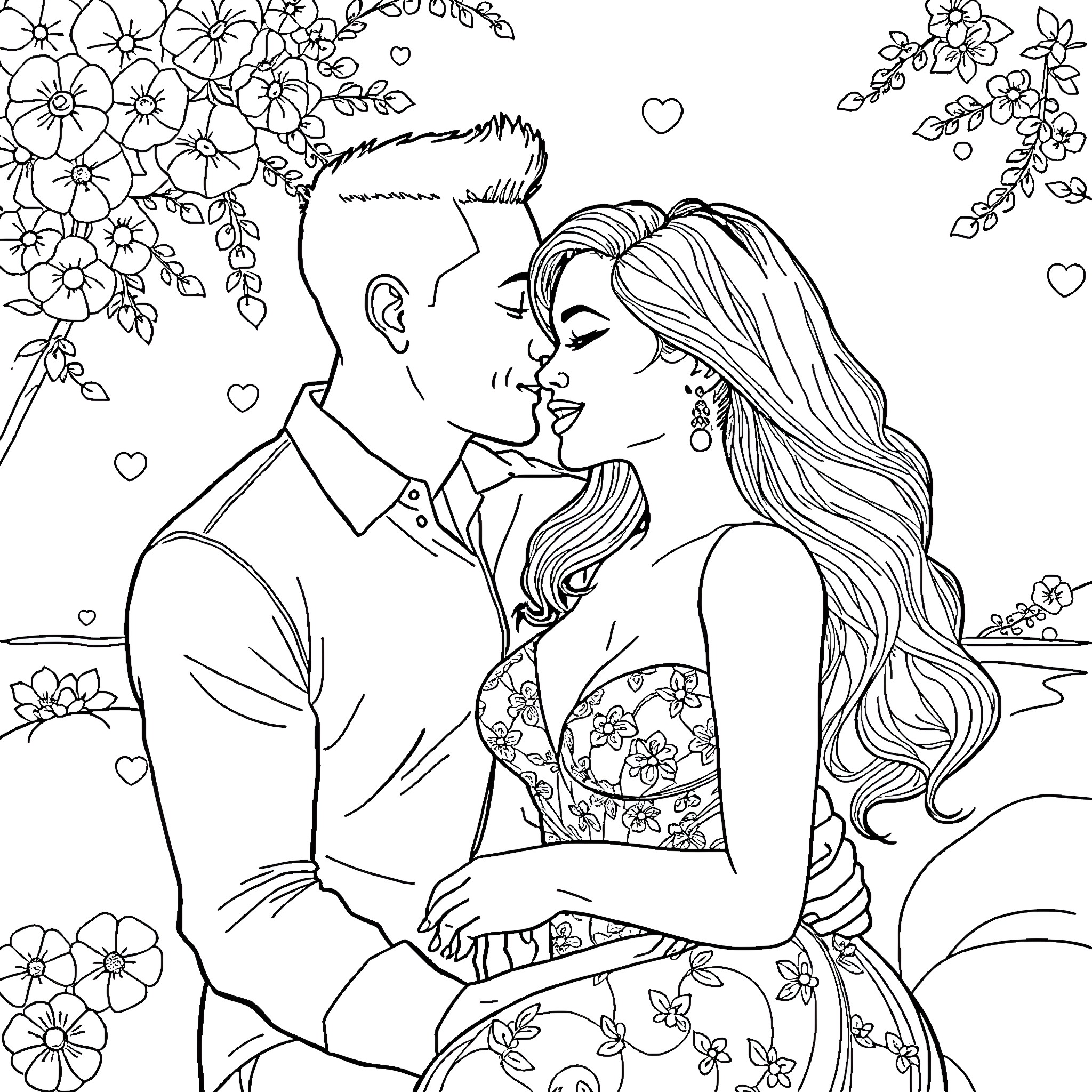 Halle Berry in a romantic floral embrace Coloring Page (free black-and-white line drawing printable PDF for all, from beginners to advanced learners, including children, teens, adults, and seniors)