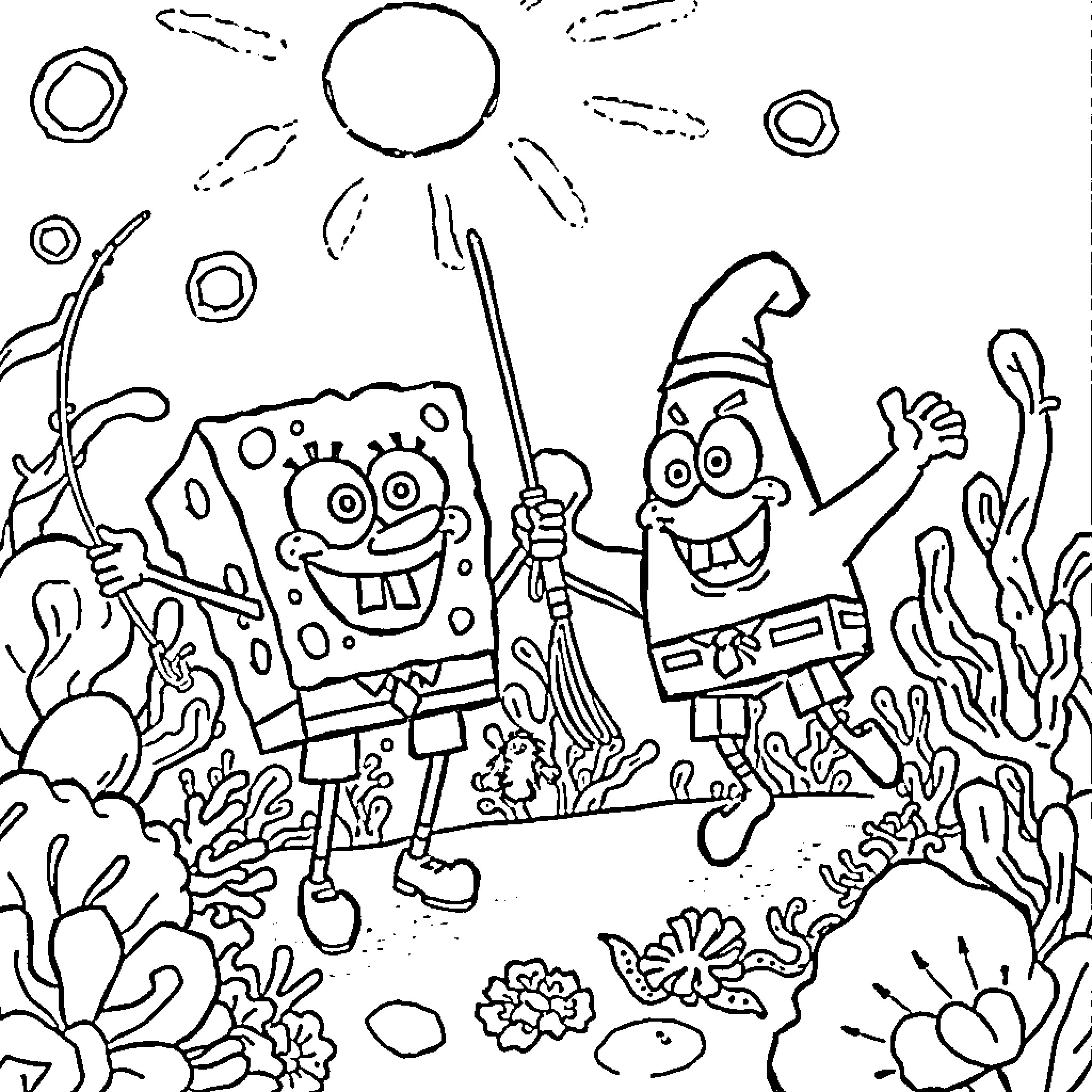 Spongebob and Patrick in Underwater Adventure Coloring Page (free black-and-white line drawing printable PDF for all, from beginners to advanced learners, including children, teens, adults, and seniors)