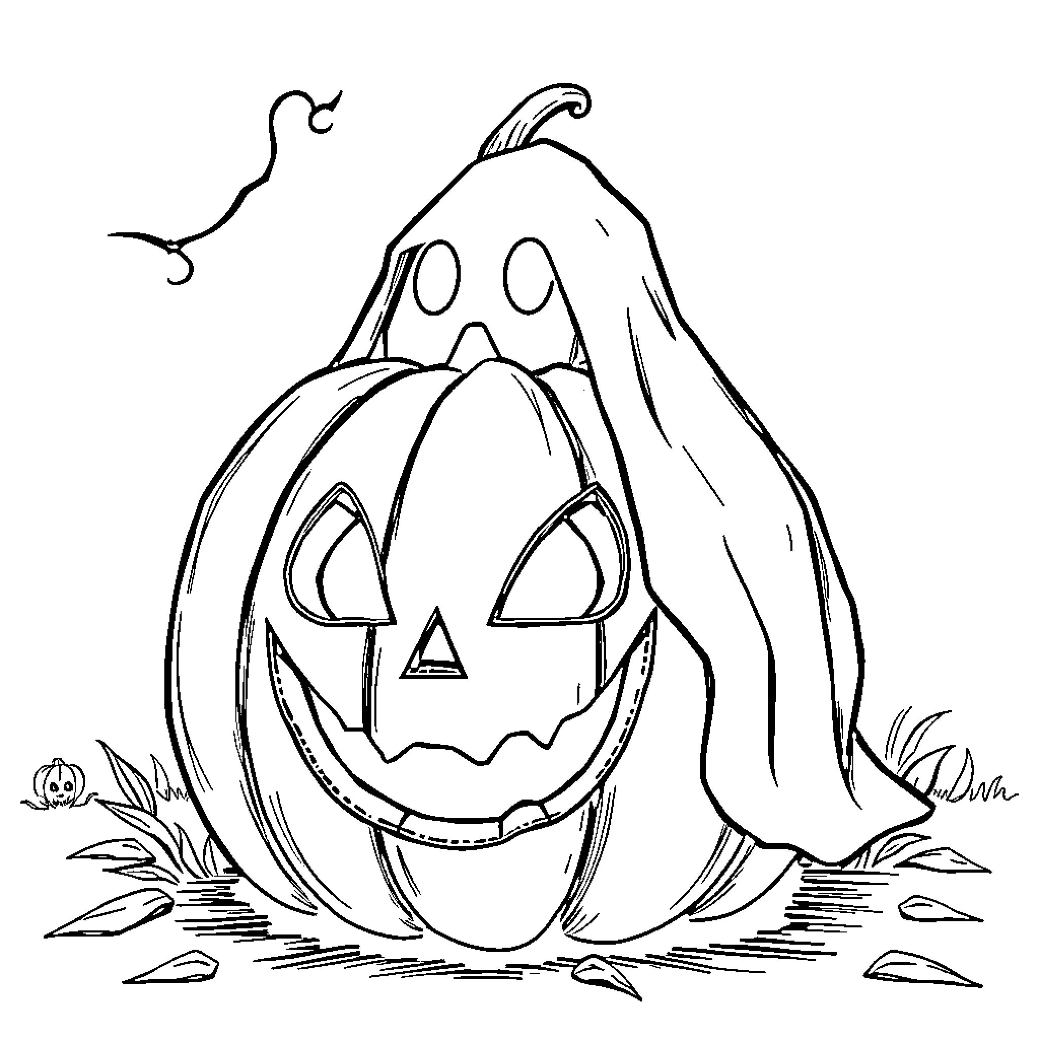 Pumpkin with spooky face in autumn scene Coloring Page (free black-and-white line drawing printable PDF for all, from beginners to advanced learners, including children, teens, adults, and seniors)