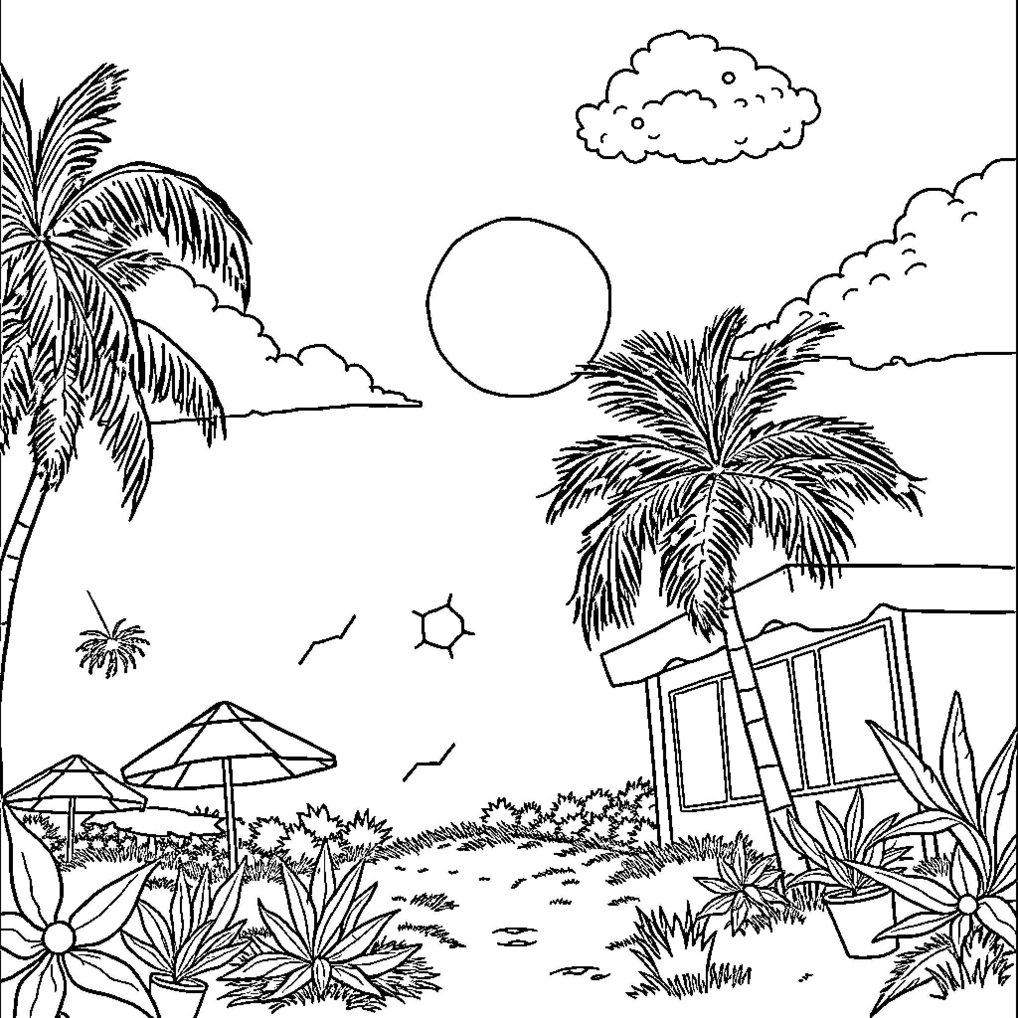 Hot Tropical Beach Escape Coloring Page (free black-and-white line drawing printable PDF for all, from beginners to advanced learners, including children, teens, adults, and seniors)