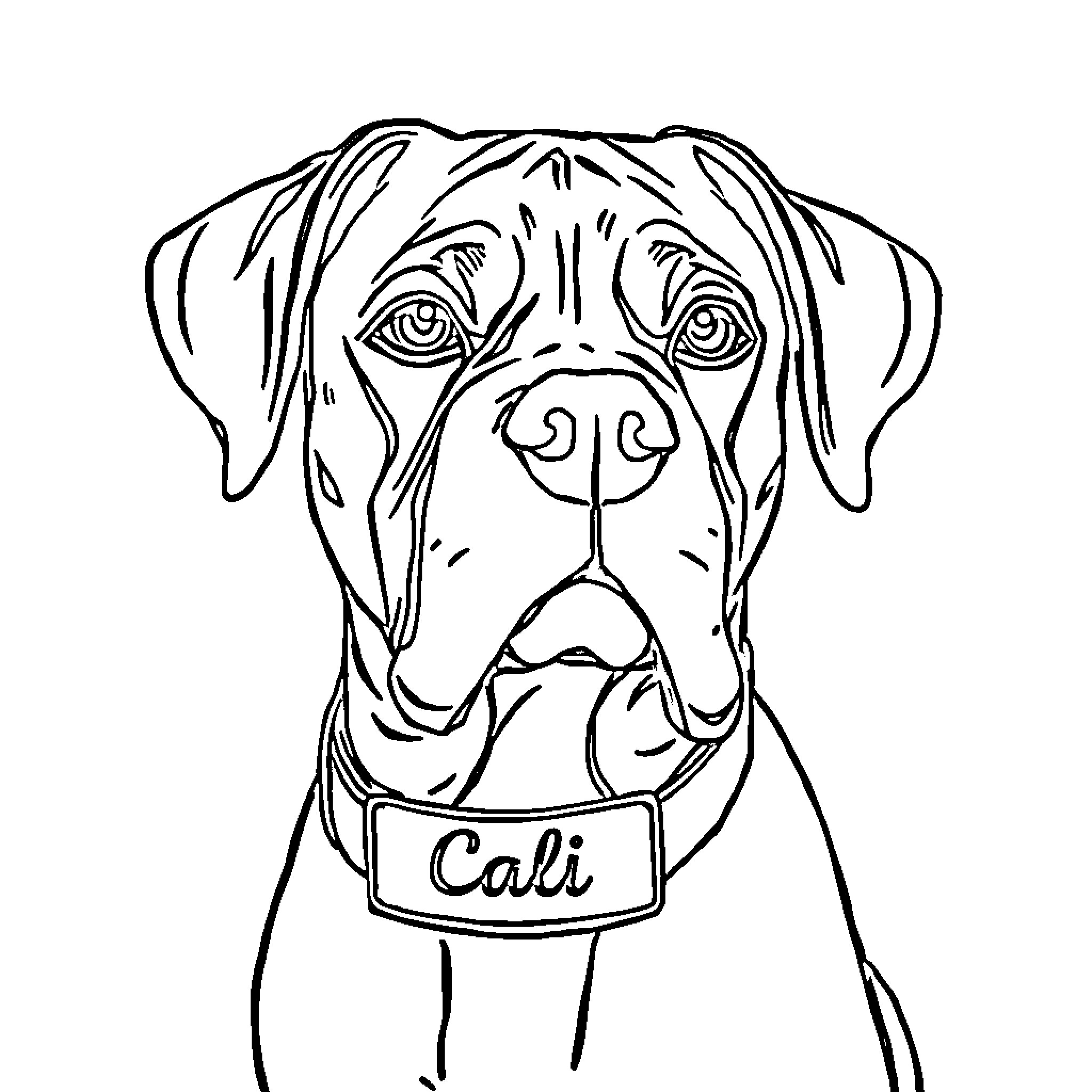 Boxer dog with name tag Coloring Page (free black-and-white line drawing printable PDF for all, from beginners to advanced learners, including children, teens, adults, and seniors)