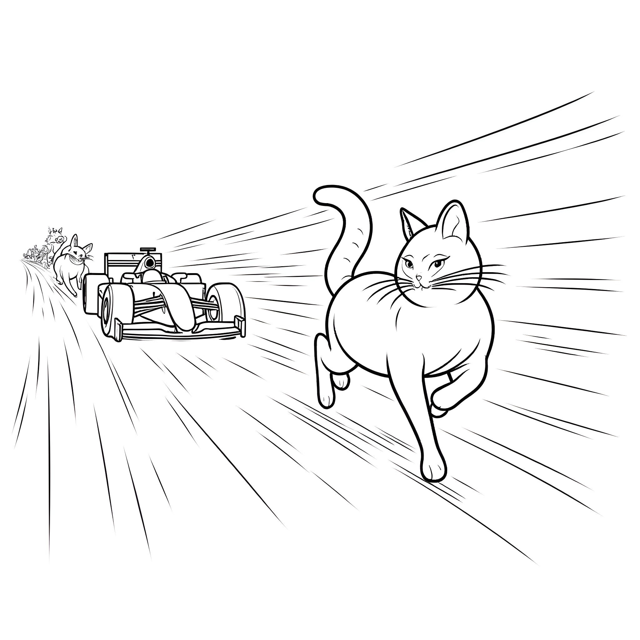 Siamese Cat Chasing a Fast Racing Car Coloring Page (free black-and-white line drawing printable PDF for all, from beginners to advanced learners, including children, teens, adults, and seniors)