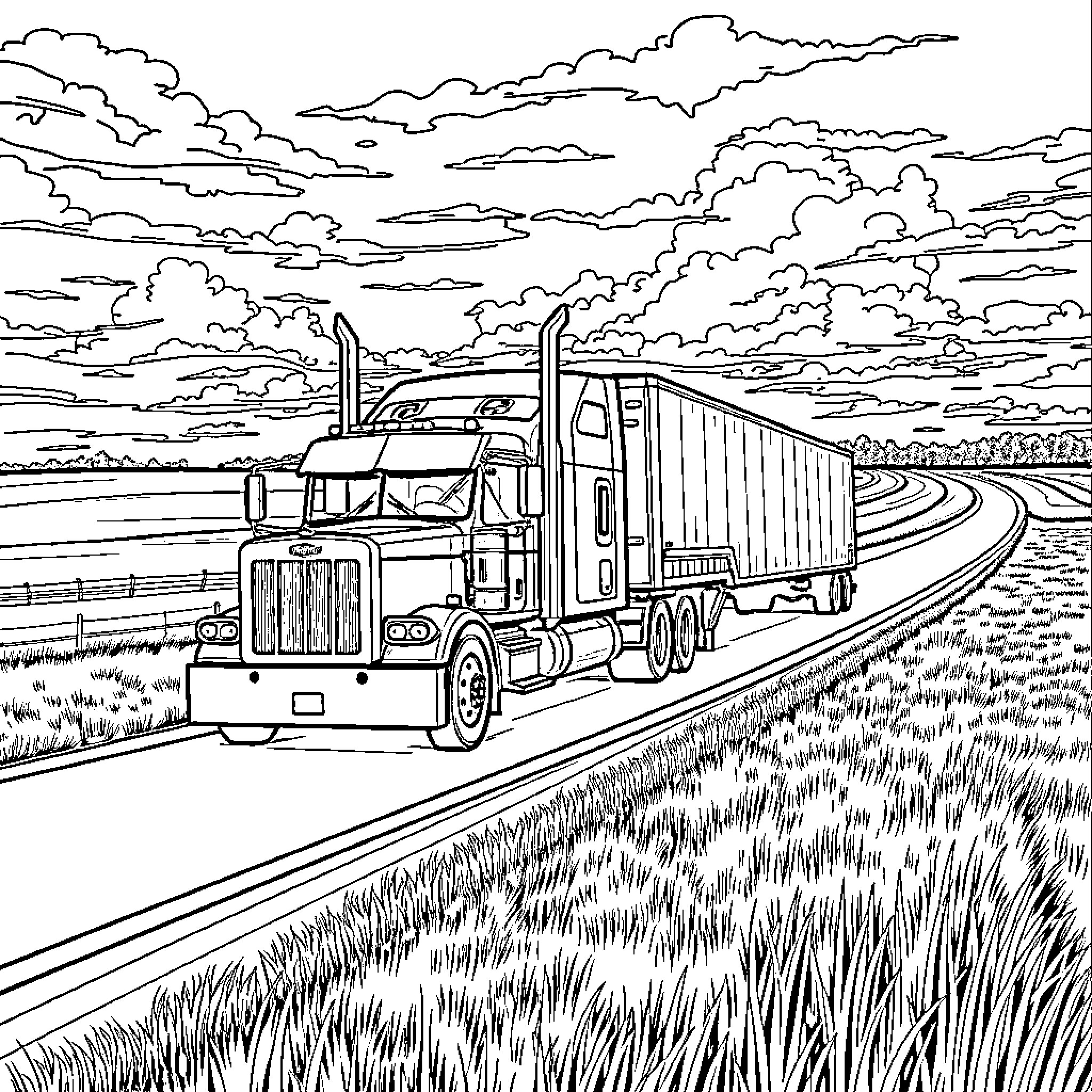 Peterbilt semi-truck hauling cargo on open highway Coloring Page (free black-and-white line drawing printable PDF for all, from beginners to advanced learners, including children, teens, adults, and seniors)