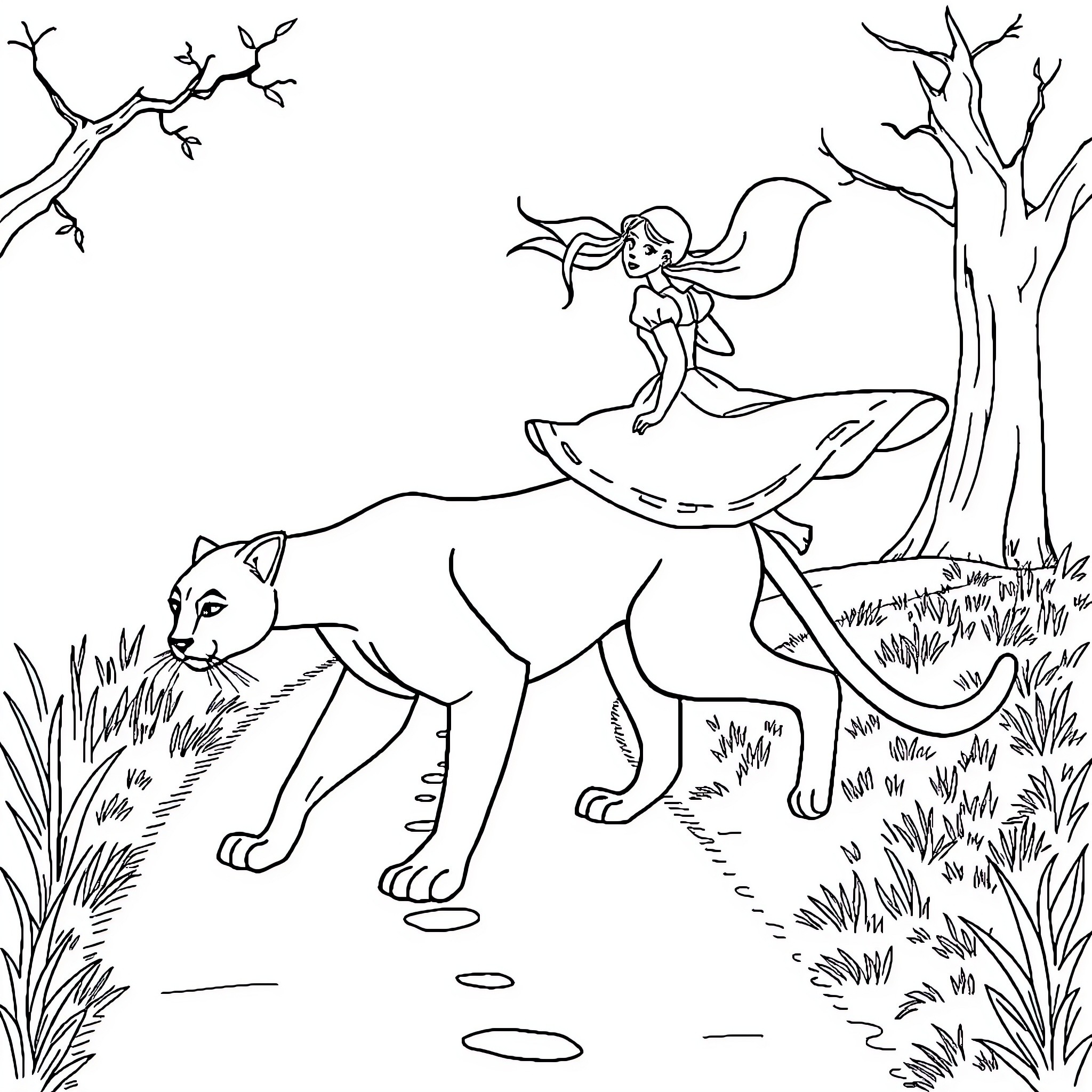 Panther and fairy exploring the enchanted forest Coloring Page (free black-and-white line drawing printable PDF for all, from beginners to advanced learners, including children, teens, adults, and seniors)
