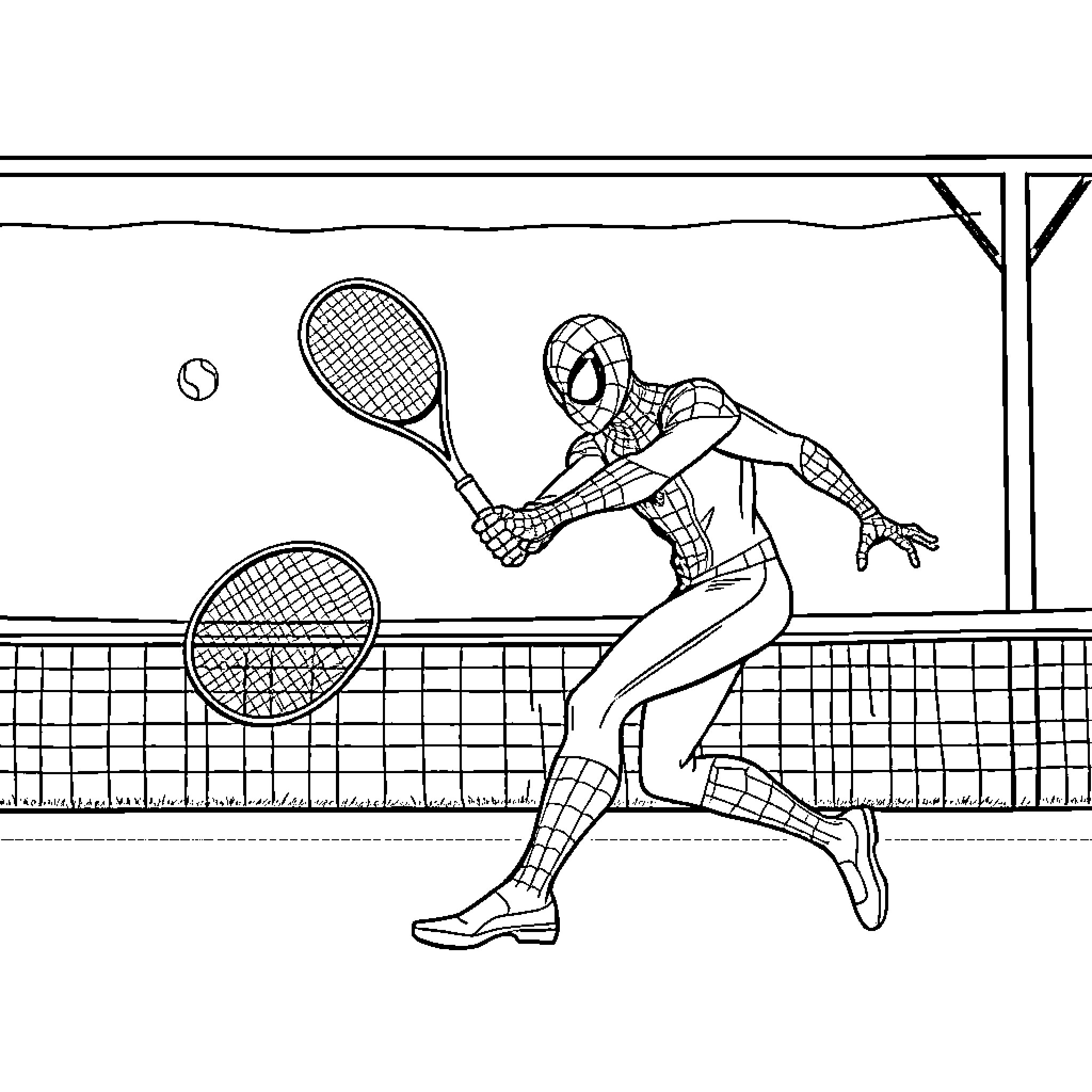 Spiderman playing tennis in sports court Coloring Page (free black-and-white line drawing printable PDF for all, from beginners to advanced learners, including children, teens, adults, and seniors)