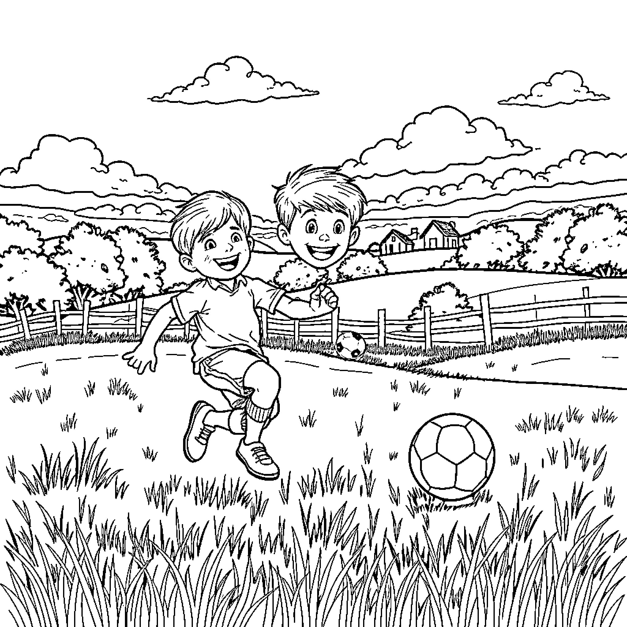 Kid Enjoying Outdoor Soccer Game in the Countryside Coloring Page (free black-and-white line drawing printable PDF for all, from beginners to advanced learners, including children, teens, adults, and seniors)