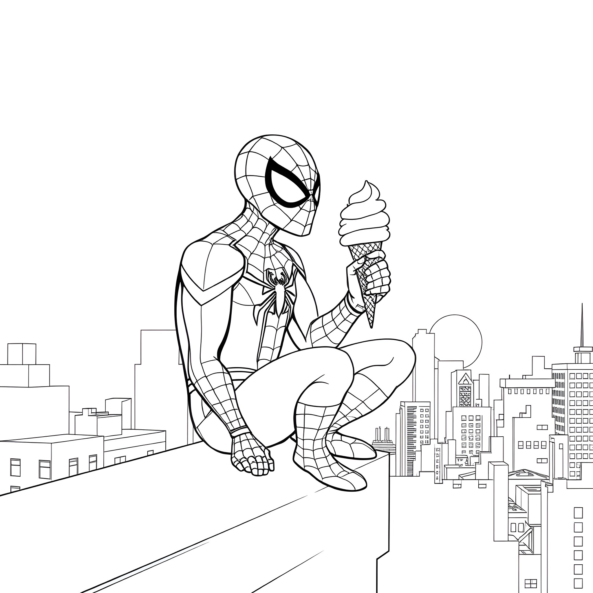 Spiderman enjoying an ice cream in the city Coloring Page (free black-and-white line drawing printable PDF for all, from beginners to advanced learners, including children, teens, adults, and seniors)