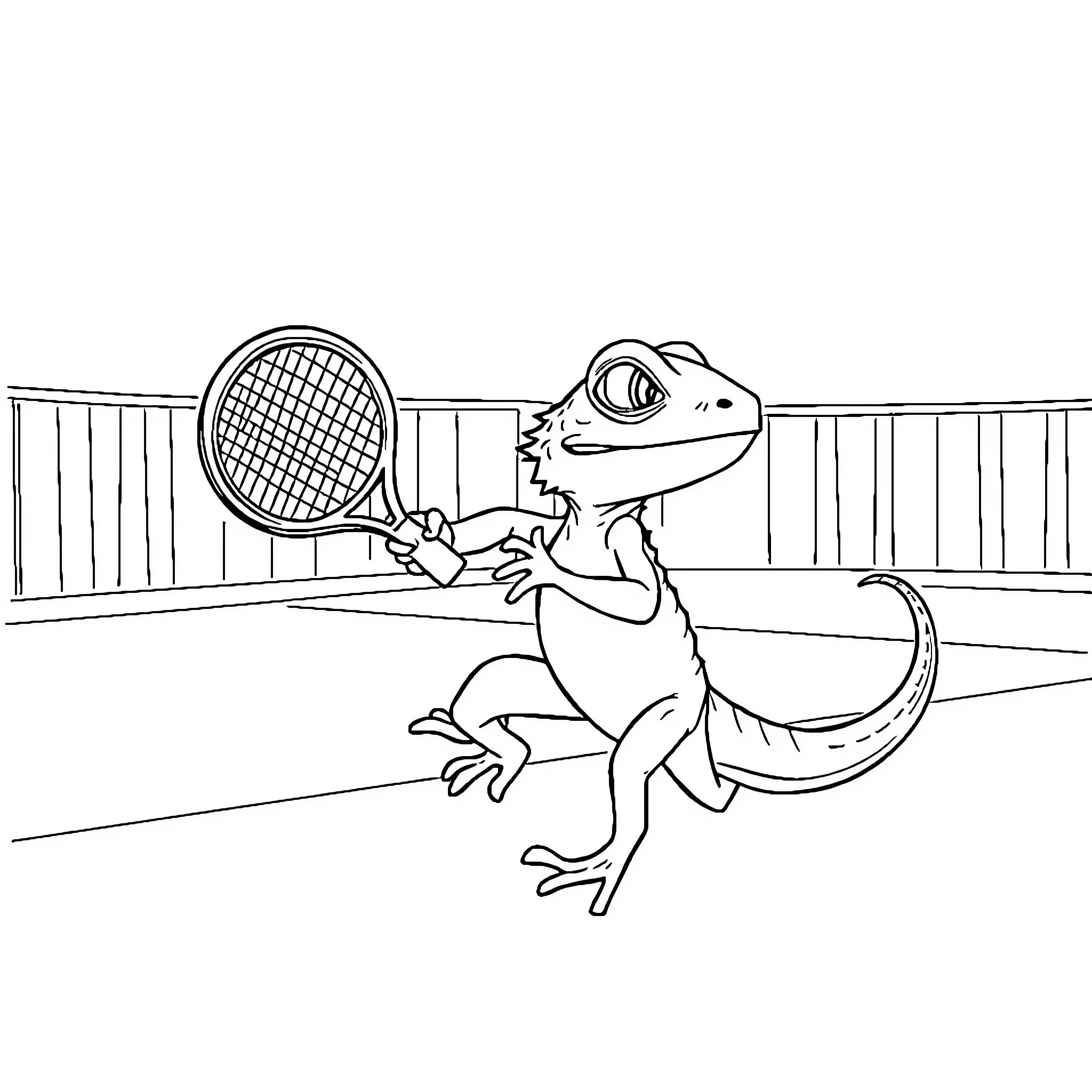 Lizard playing tennis on a court Coloring Page (free black-and-white line drawing printable PDF for all, from beginners to advanced learners, including children, teens, adults, and seniors)