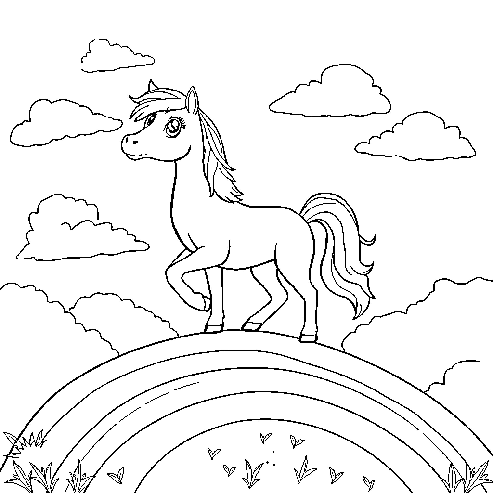 Huntrix explores the whimsical meadow landscape Coloring Page (free black-and-white line drawing printable PDF for all, from beginners to advanced learners, including children, teens, adults, and seniors)