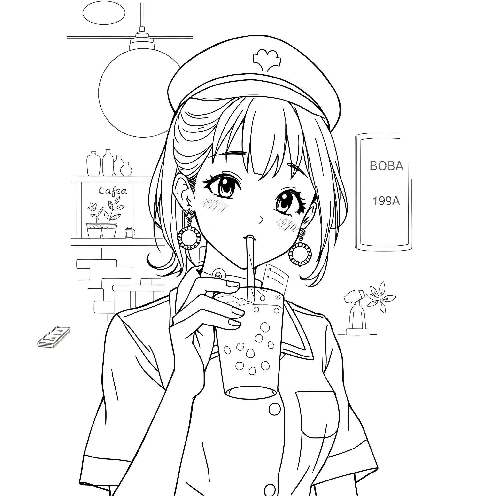 Girl in uniform enjoying a drink at a cafe Coloring Page (free black-and-white line drawing printable PDF for all, from beginners to advanced learners, including children, teens, adults, and seniors)