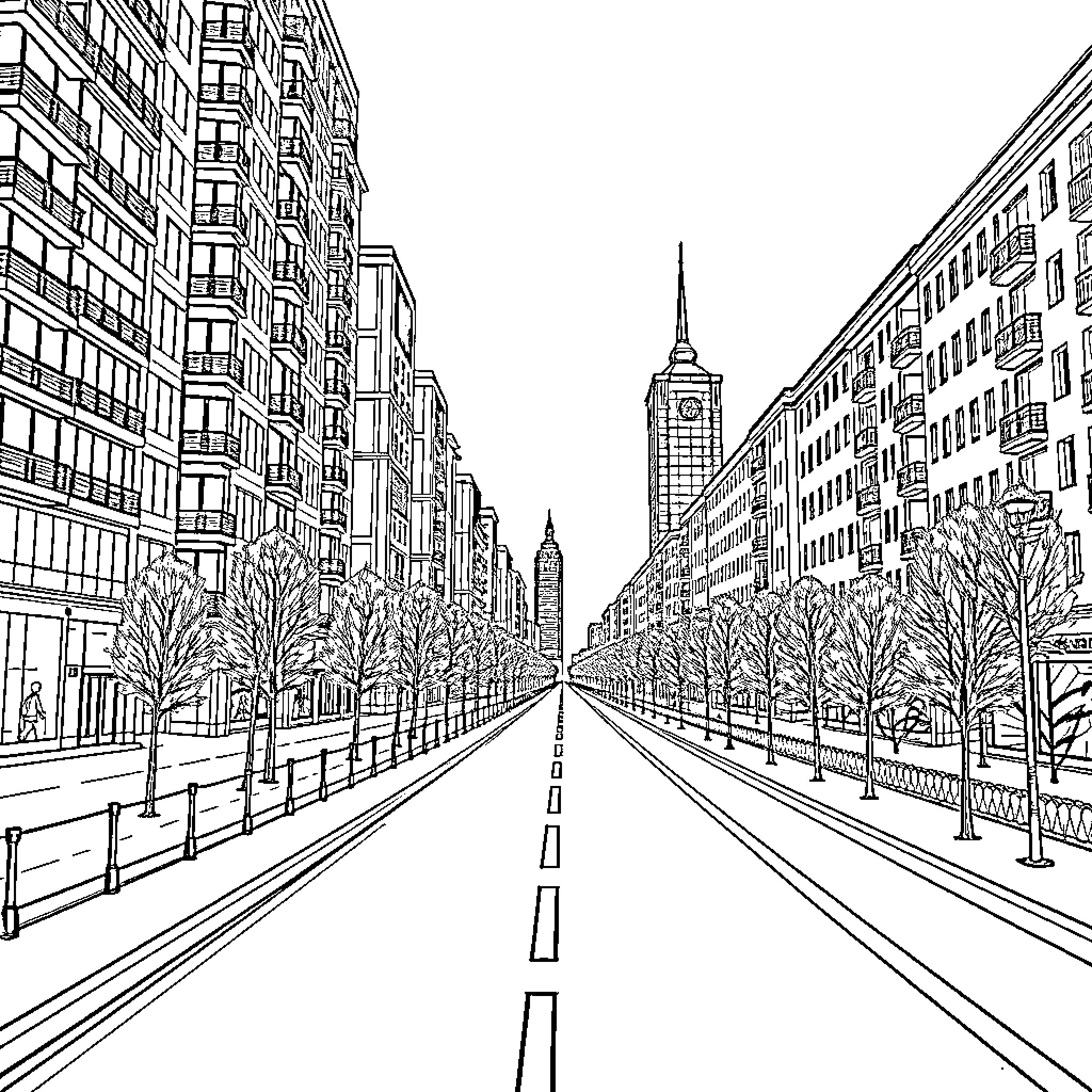 Street View of Urban Architecture and Skyline Coloring Page (free black-and-white line drawing printable PDF for all, from beginners to advanced learners, including children, teens, adults, and seniors)