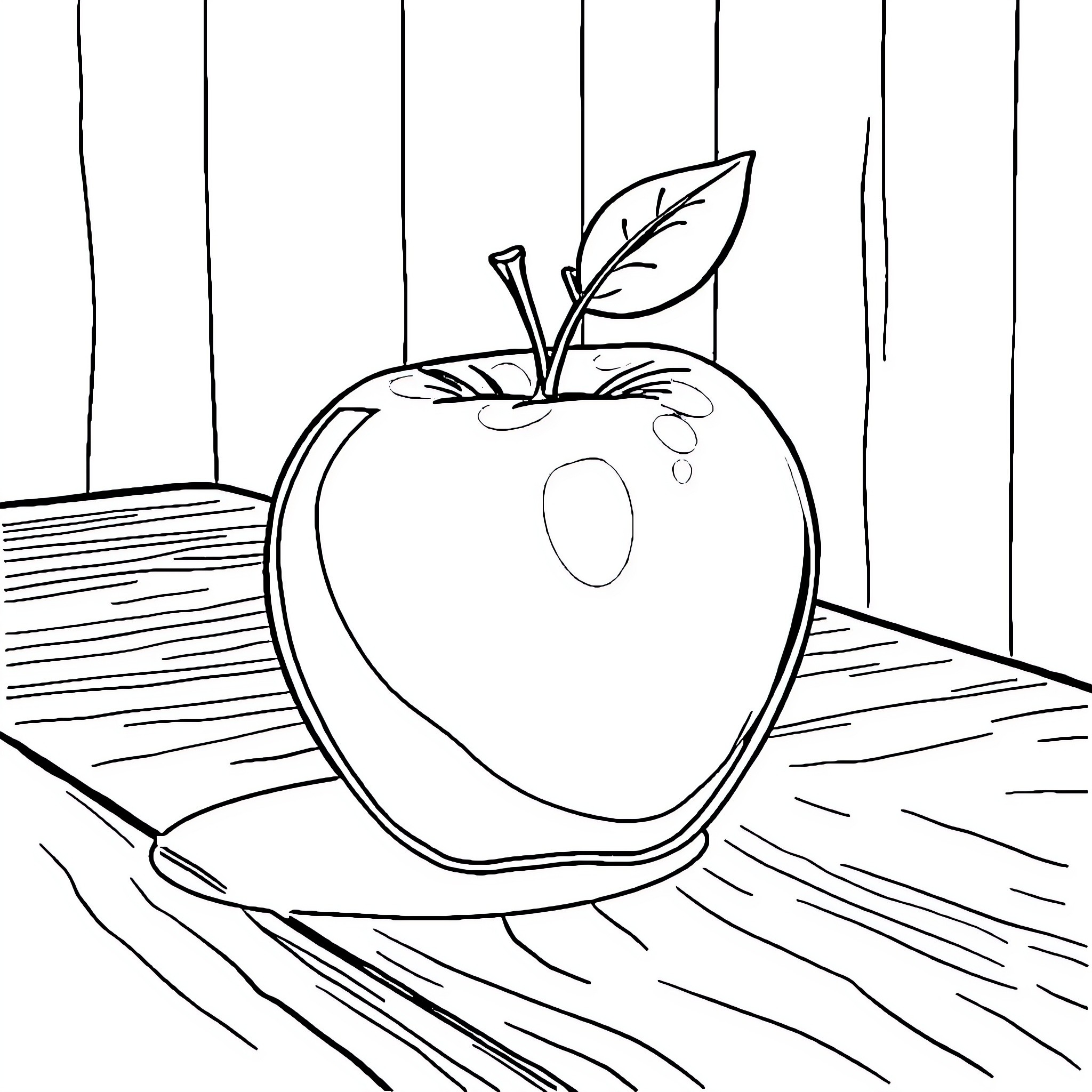 Apple on Wooden Table Coloring Page (free black-and-white line drawing printable PDF for all, from beginners to advanced learners, including children, teens, adults, and seniors)