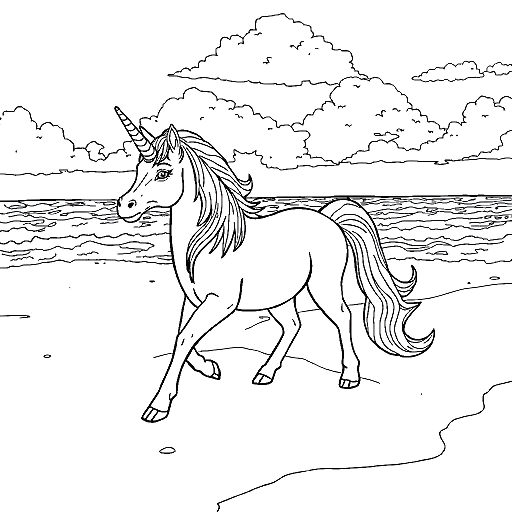 Unicorn galloping along the beach Coloring Page (free black-and-white line drawing printable PDF for all, from beginners to advanced learners, including children, teens, adults, and seniors)
