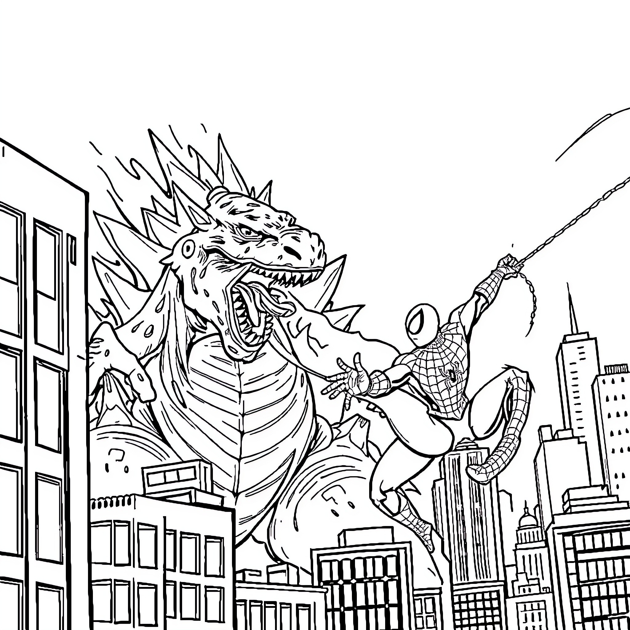 Godzilla terrorizing the city as Spiderman attempts to stop it Coloring Page (free black-and-white line drawing printable PDF for all, from beginners to advanced learners, including children, teens, adults, and seniors)