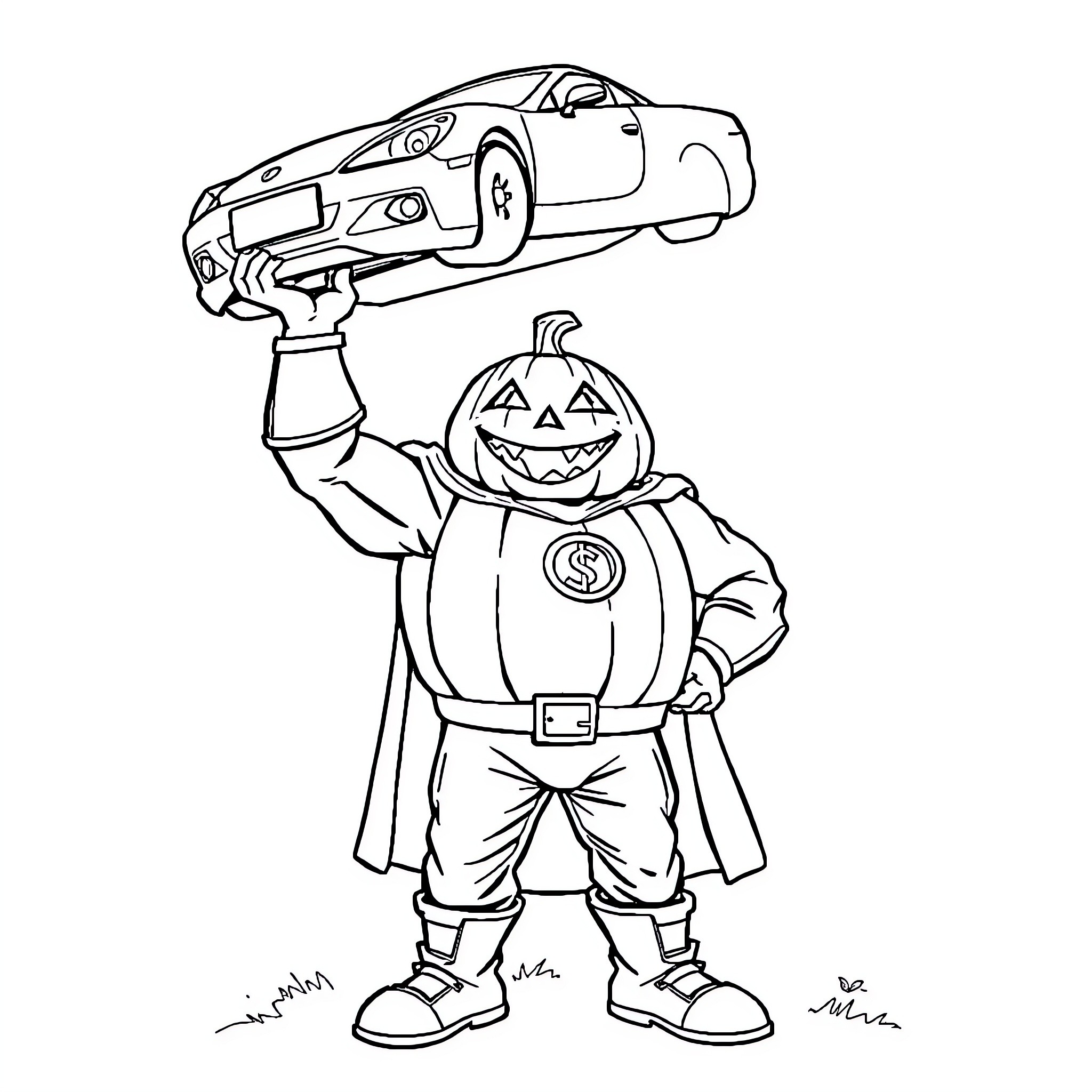 Pumpkin-headed mechanic repairing a car Coloring Page (free black-and-white line drawing printable PDF for all, from beginners to advanced learners, including children, teens, adults, and seniors)