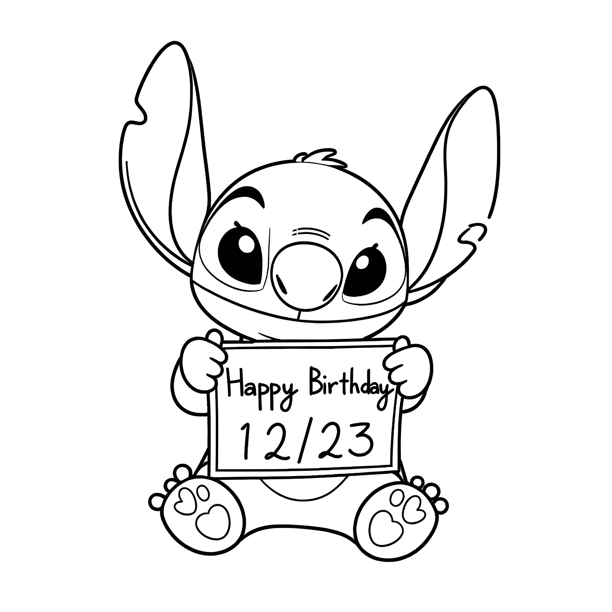 Stitch celebrating Happy Birthday Coloring Page (free black-and-white line drawing printable PDF for all, from beginners to advanced learners, including children, teens, adults, and seniors)