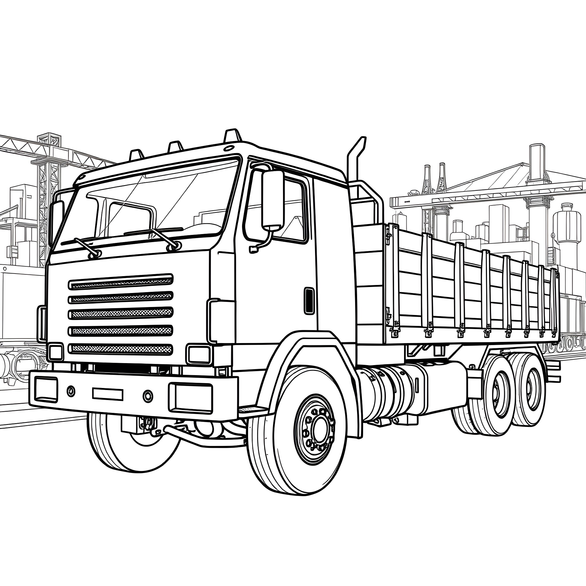 Flatbed truck hauling cargo in industrial setting Coloring Page (free black-and-white line drawing printable PDF for all, from beginners to advanced learners, including children, teens, adults, and seniors)