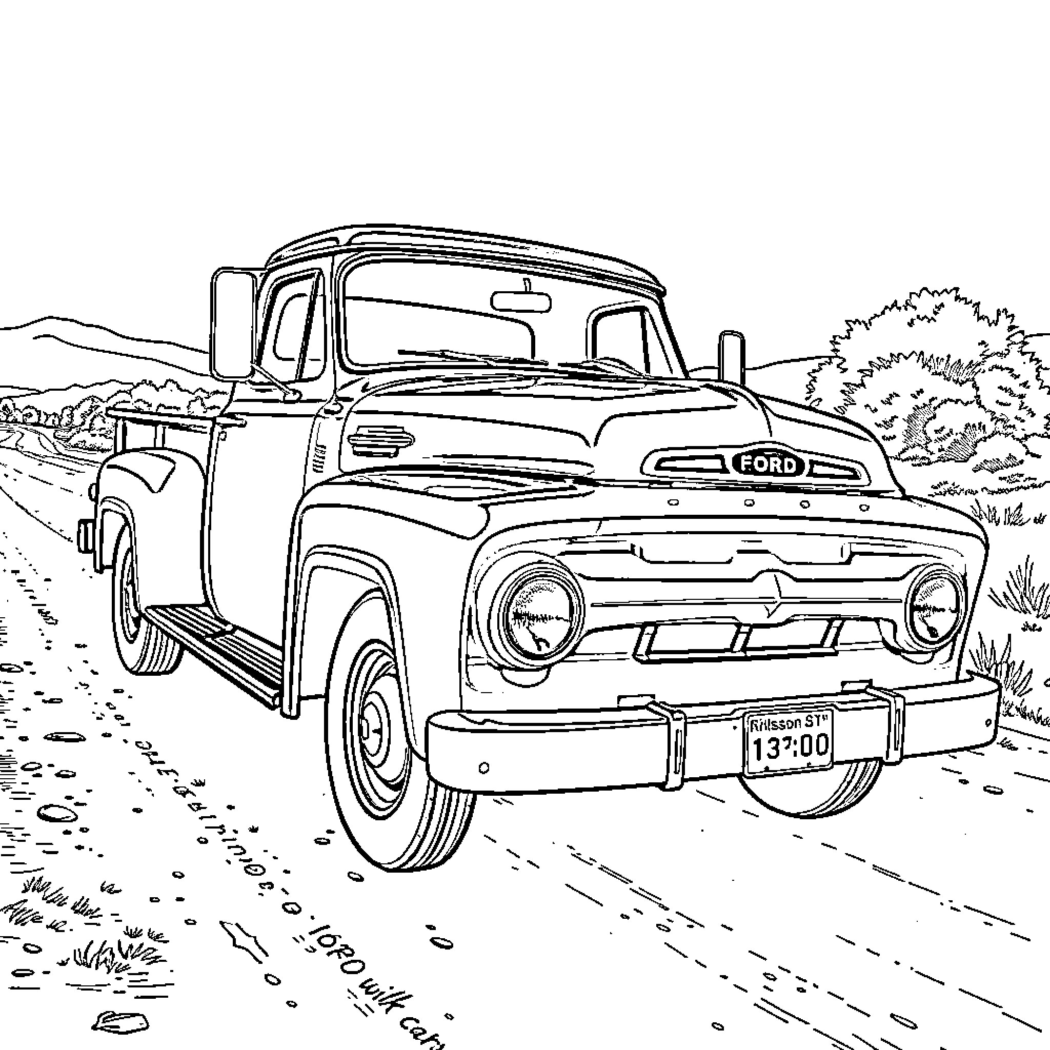 Ford Truck traversing a rural country road Coloring Page (free black-and-white line drawing printable PDF for all, from beginners to advanced learners, including children, teens, adults, and seniors)