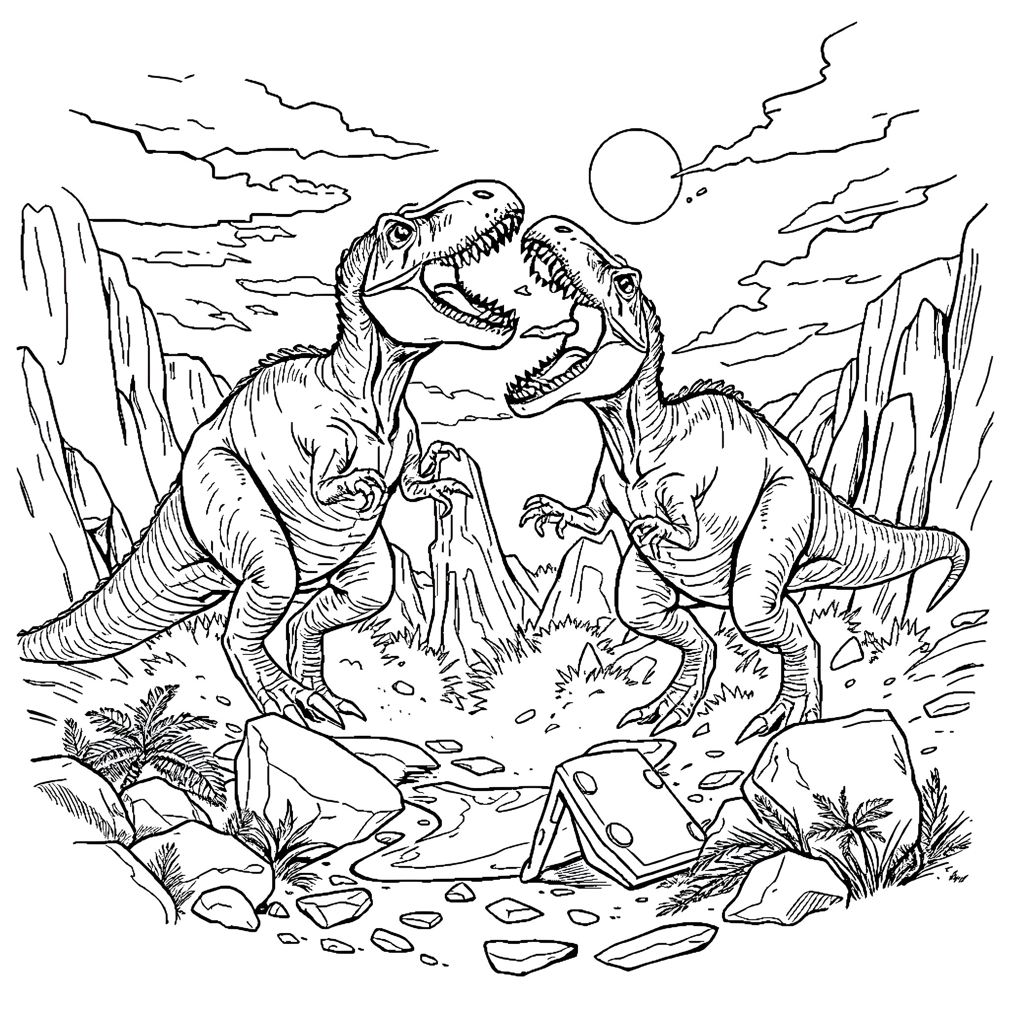 Dinosaur Confrontation in Prehistoric Landscape Coloring Page (free black-and-white line drawing printable PDF for all, from beginners to advanced learners, including children, teens, adults, and seniors)