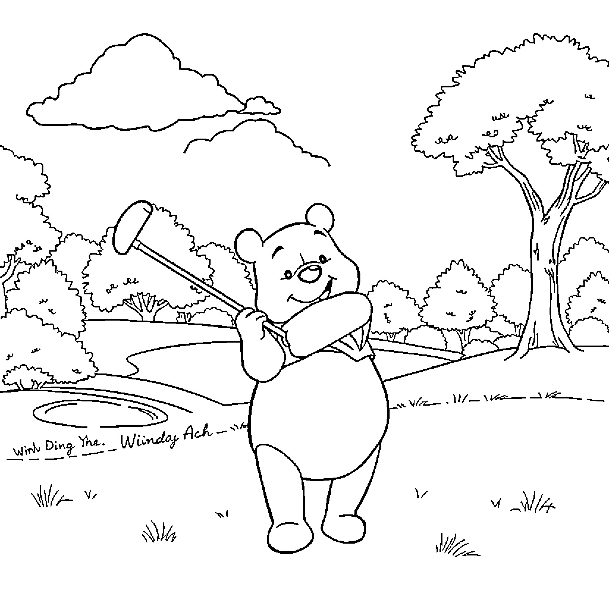 Winnie The Pooh fishing in the forest Coloring Page (free black-and-white line drawing printable PDF for all, from beginners to advanced learners, including children, teens, adults, and seniors)