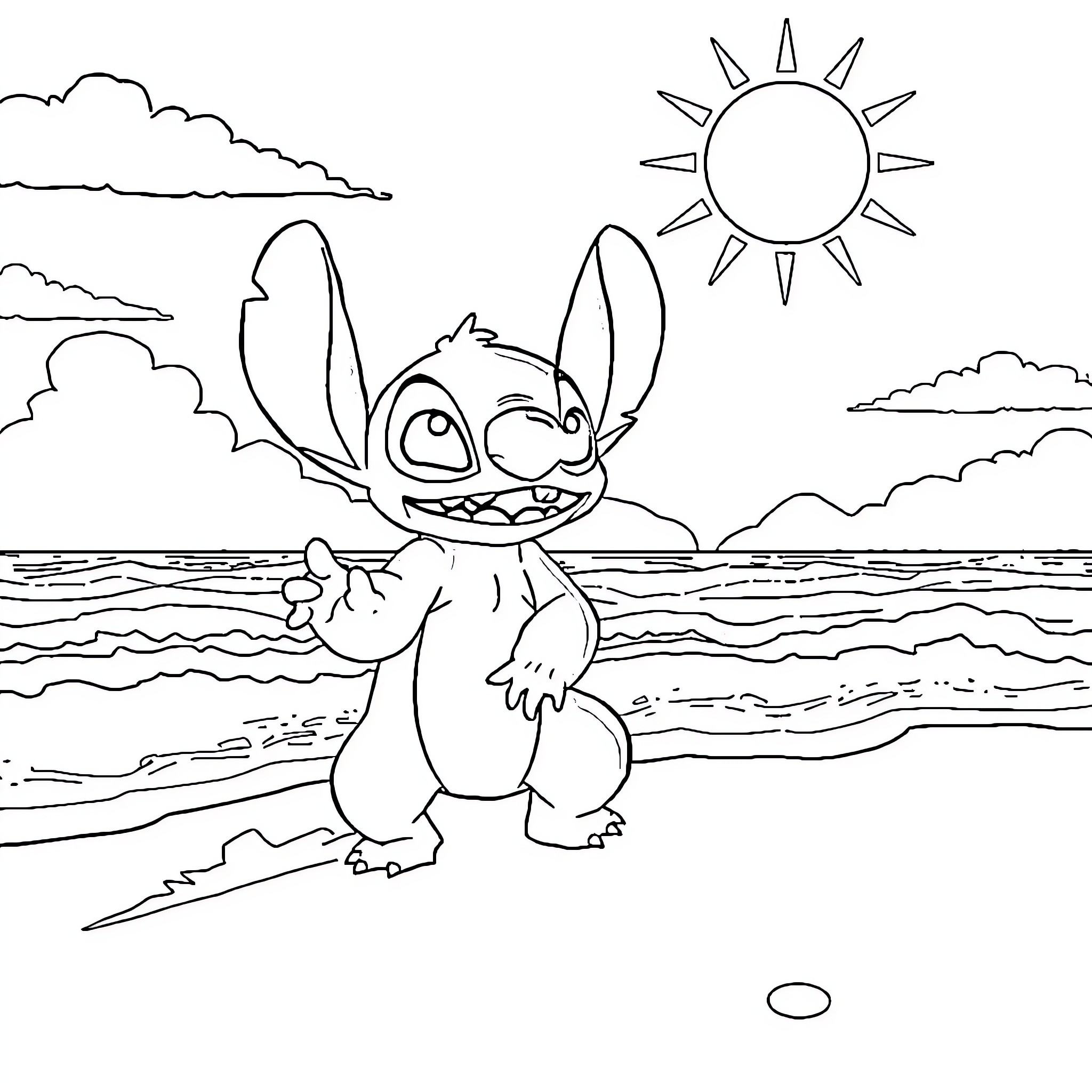 Stitch enjoying the sun and surf on the beach Coloring Page (free black-and-white line drawing printable PDF for all, from beginners to advanced learners, including children, teens, adults, and seniors)