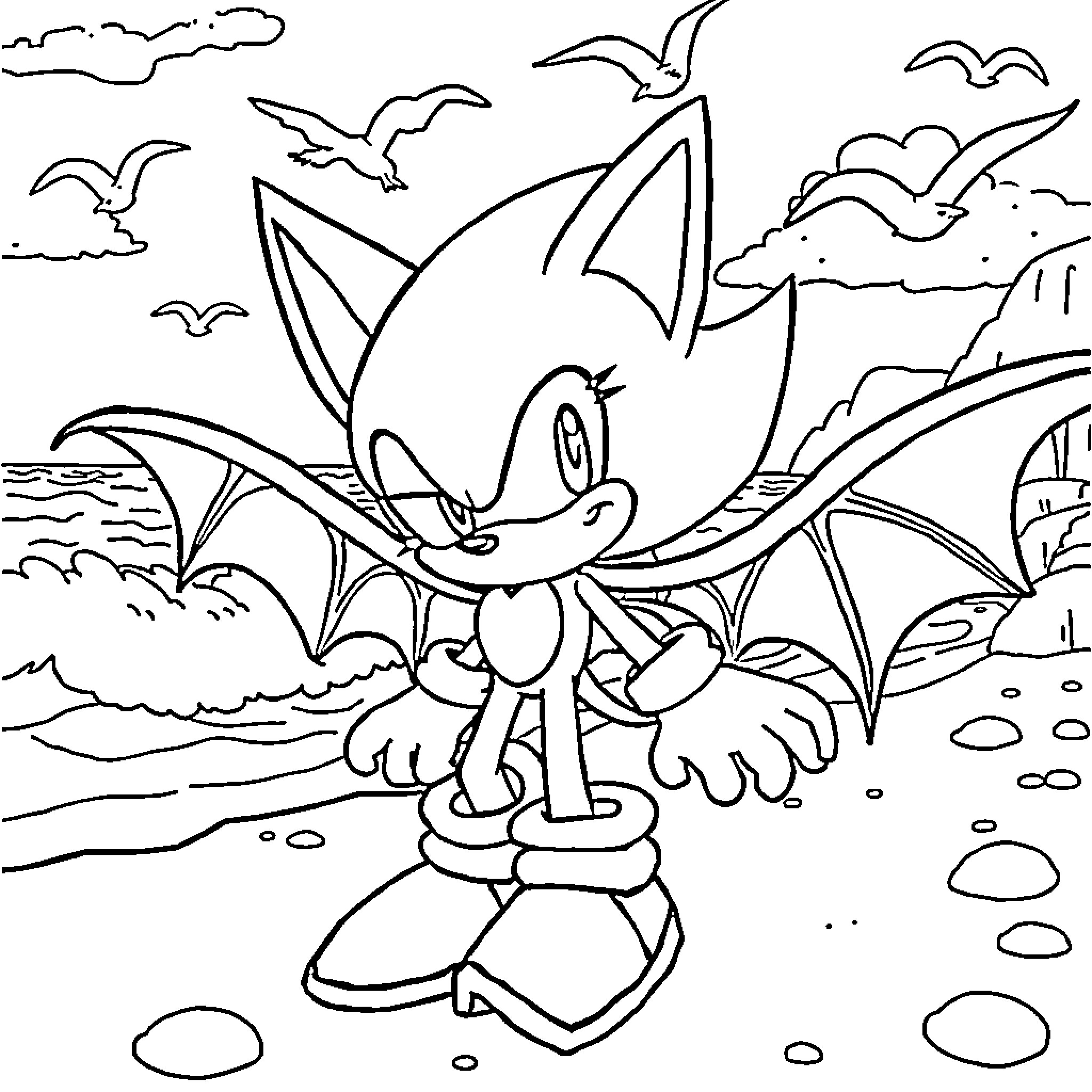 Rouge's Adventure by the Seaside Coloring Page (free black-and-white line drawing printable PDF for all, from beginners to advanced learners, including children, teens, adults, and seniors)