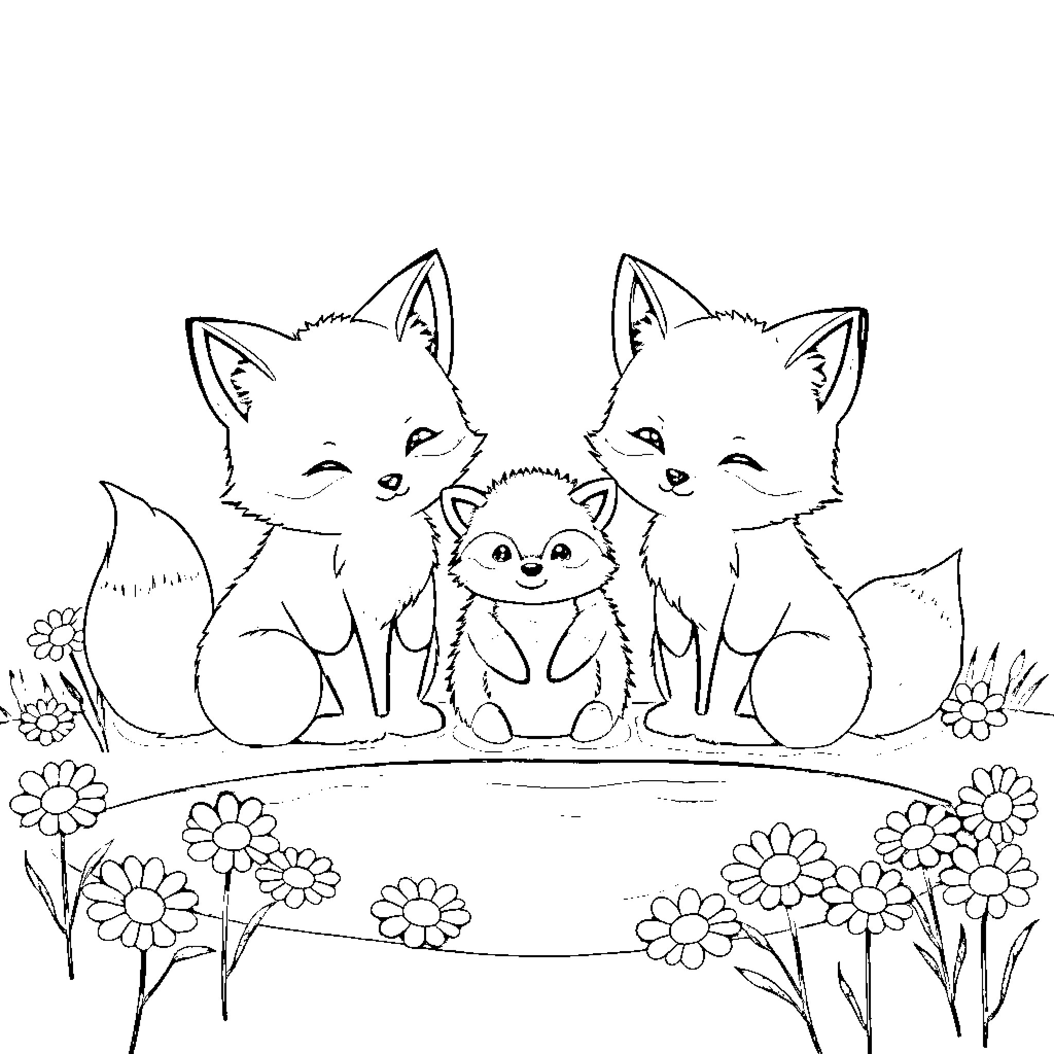 Fox Trio Enjoying Floral Surroundings Coloring Page (free black-and-white line drawing printable PDF for all, from beginners to advanced learners, including children, teens, adults, and seniors)