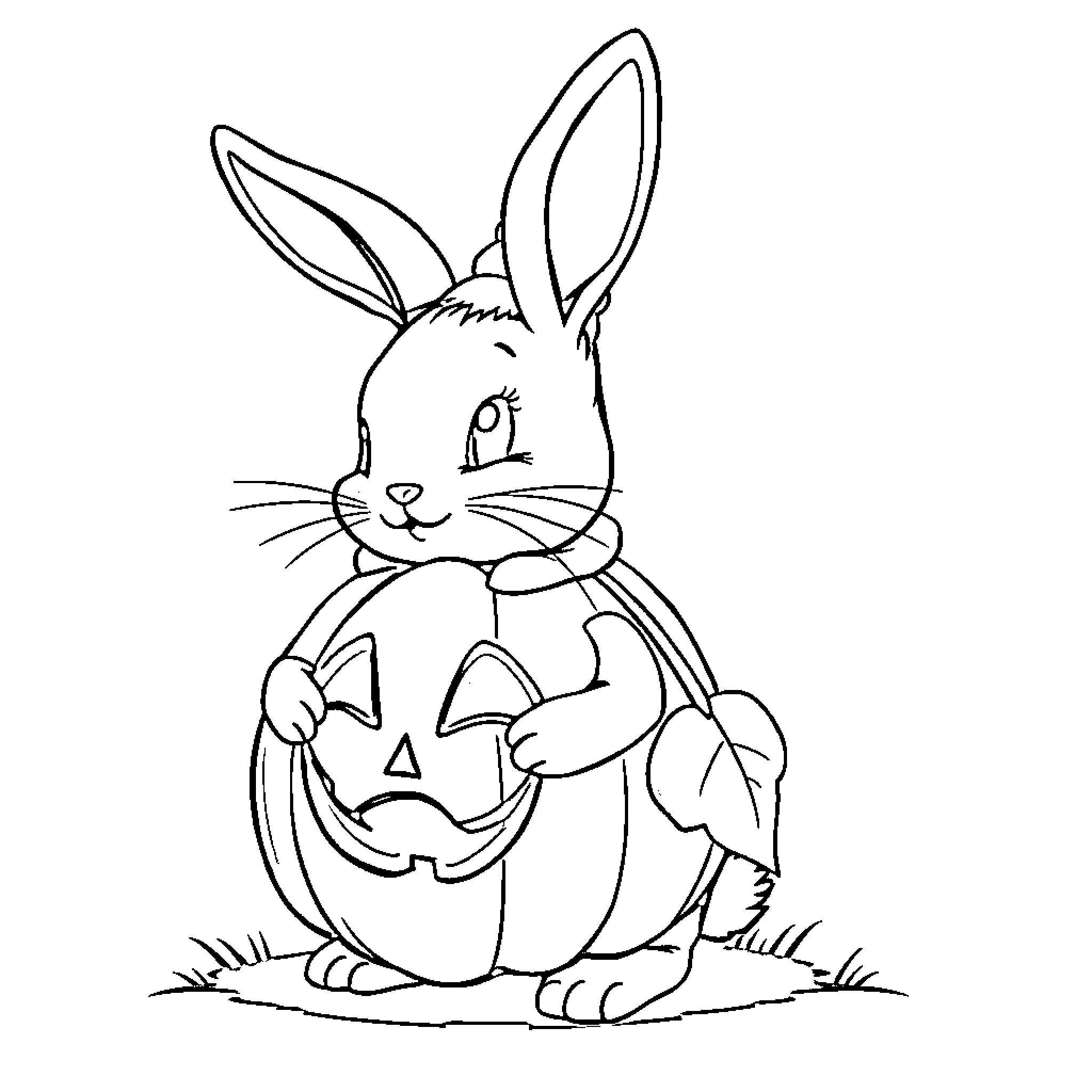 Bunny holding a carved pumpkin Coloring Page (free black-and-white line drawing printable PDF for all, from beginners to advanced learners, including children, teens, adults, and seniors)