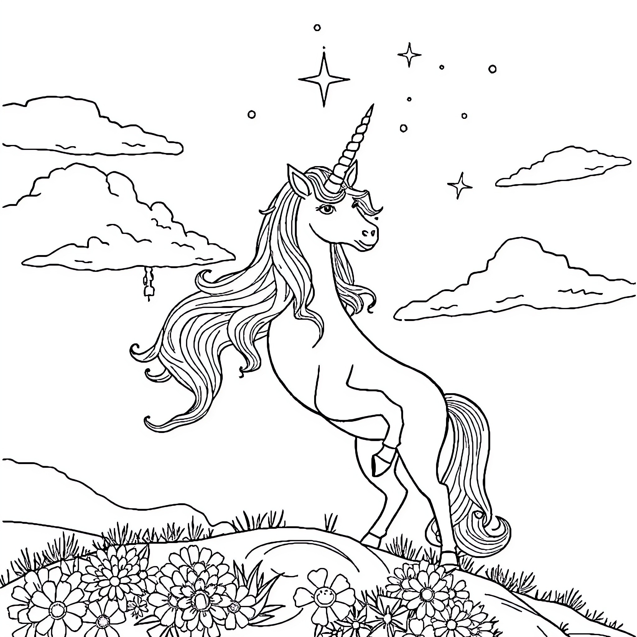 Unicorn galloping among starry night clouds Coloring Page (free black-and-white line drawing printable PDF for all, from beginners to advanced learners, including children, teens, adults, and seniors)