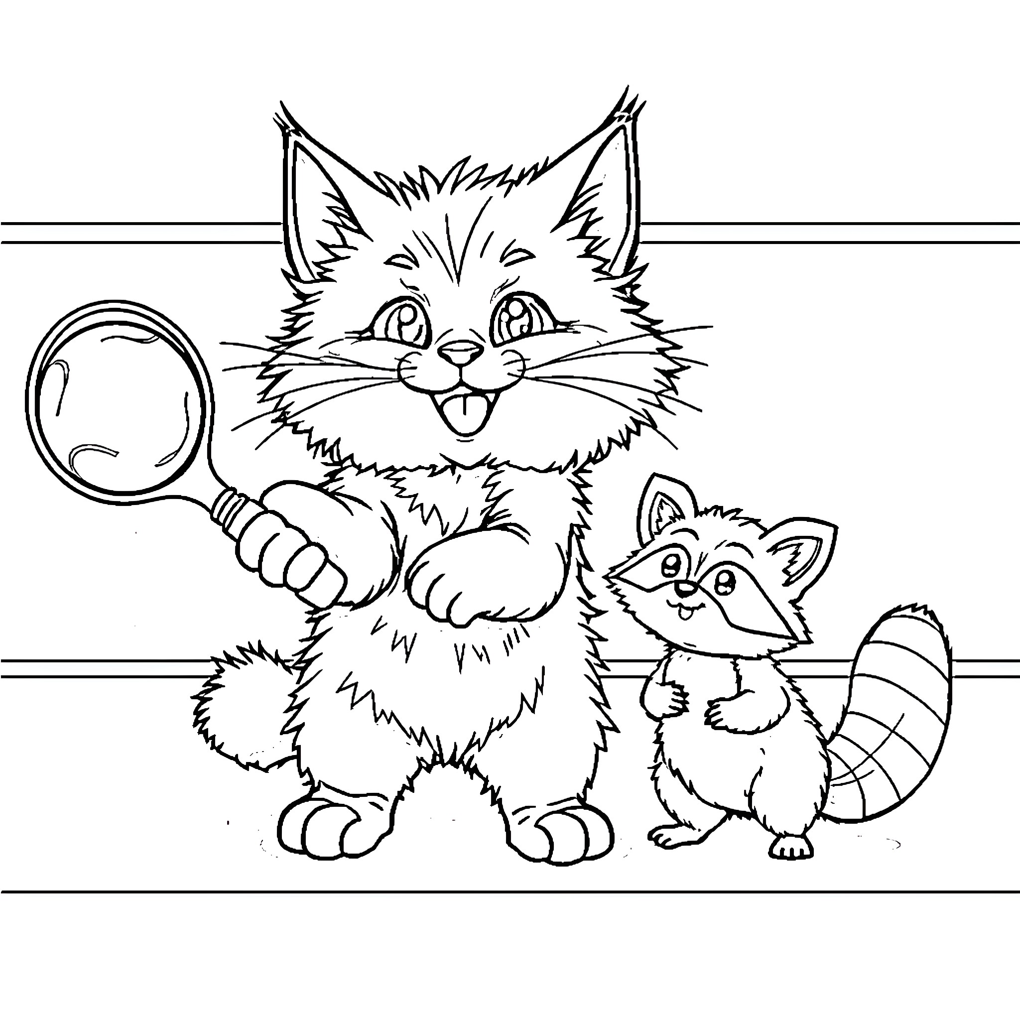Cat and Raccoon Investigating Together Coloring Page (free black-and-white line drawing printable PDF for all, from beginners to advanced learners, including children, teens, adults, and seniors)