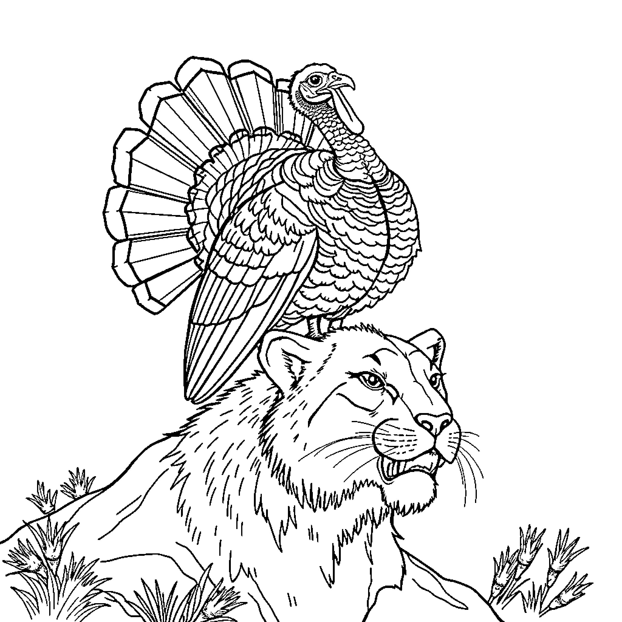 Turkey perching proudly among wilderness scenery Coloring Page (free black-and-white line drawing printable PDF for all, from beginners to advanced learners, including children, teens, adults, and seniors)
