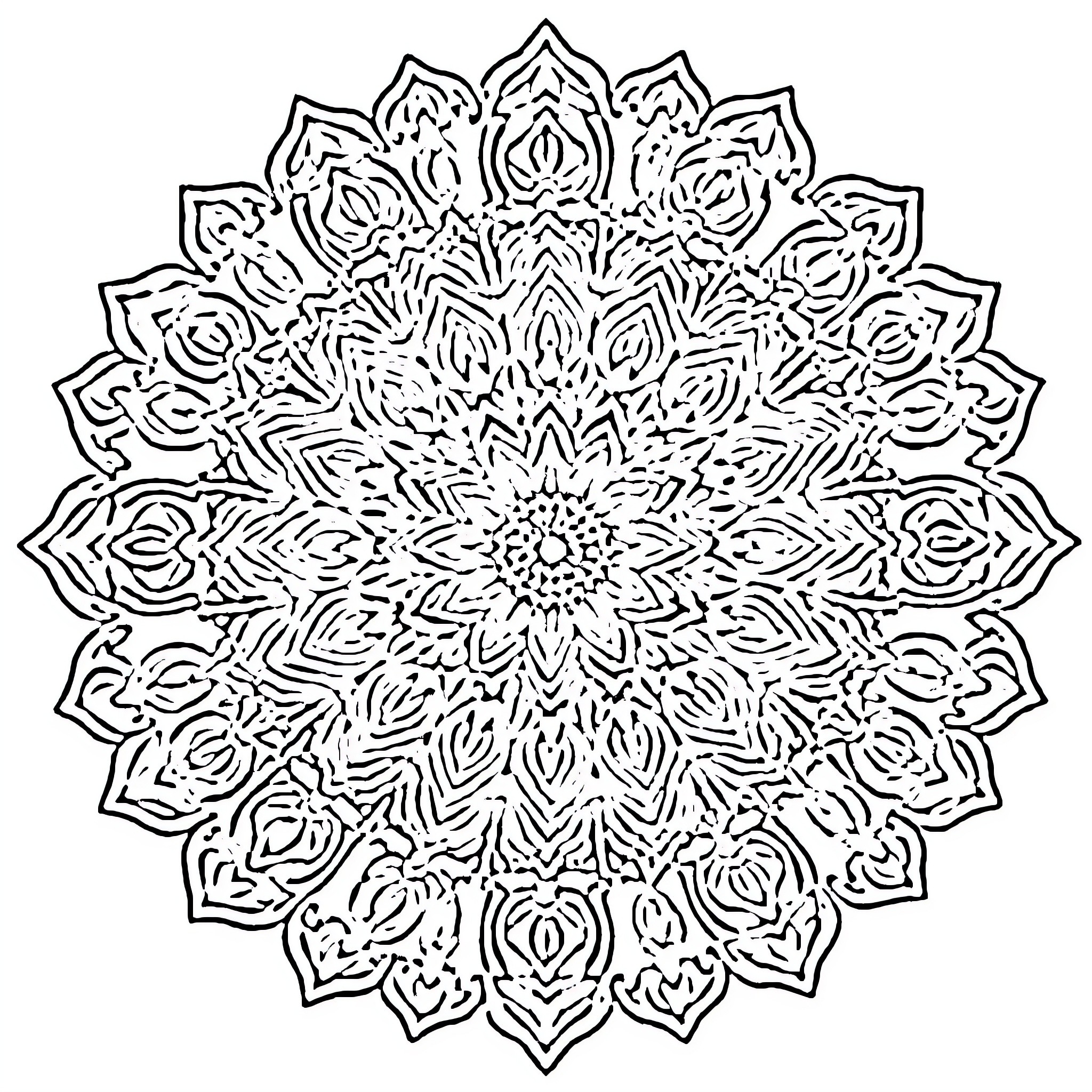 Mandala of intricate symmetrical patterns Coloring Page (free black-and-white line drawing printable PDF for all, from beginners to advanced learners, including children, teens, adults, and seniors)